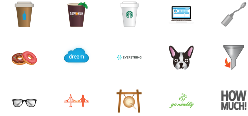 A collection of various icons including coffee cups, a laptop, a shovel, donuts, a cloud with 'dream' text, a logo, a dog's face, a funnel, glasses, a bridge, a bell, a 'go rugby' text, and a 'how much' text.