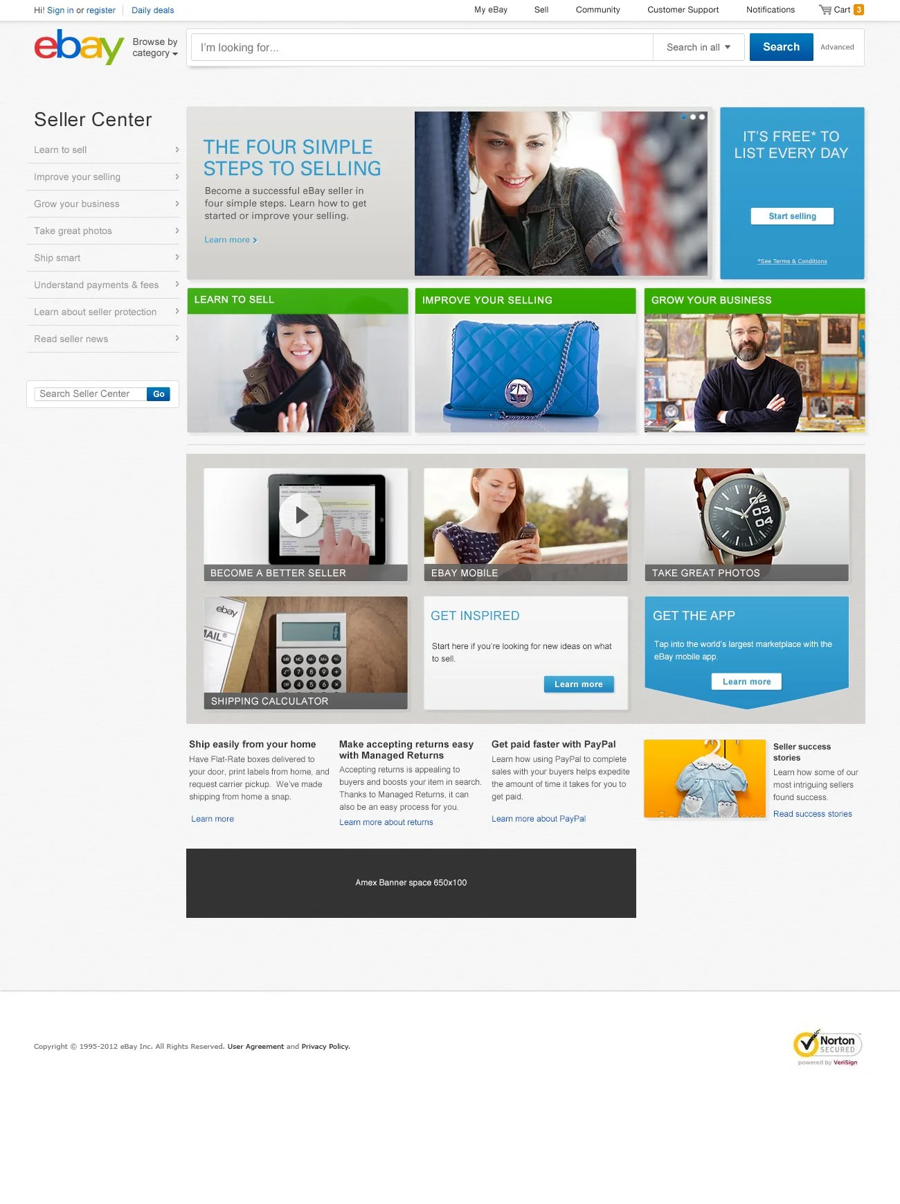 Ebay homepage showing seller center options, promotional banners, and various product categories.