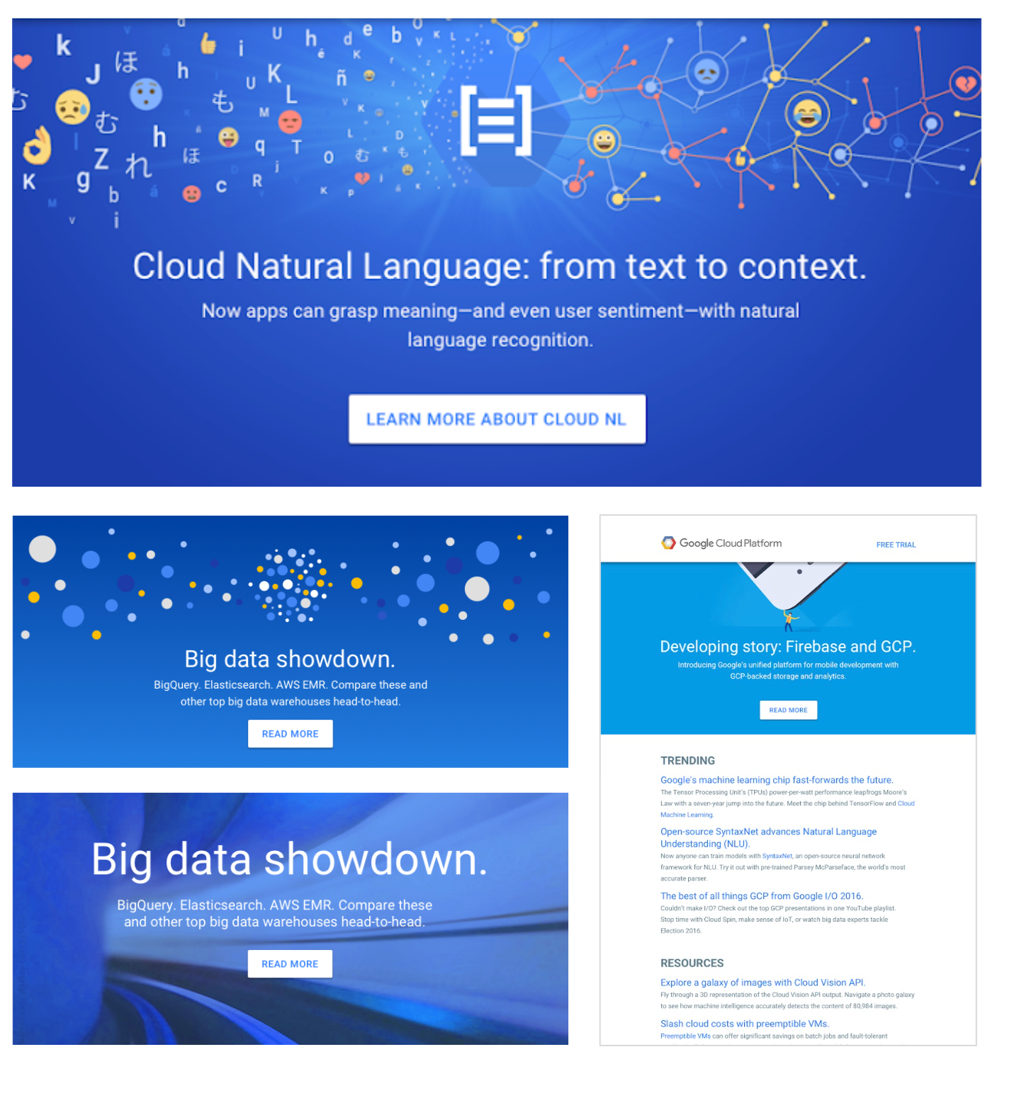 A digital collage of three screenshots of technology and data-related websites and graphics. The top image promotes cloud natural language processing, with colorful emojis and network nodes. The middle image discusses big data showcases with a cloud of multicolored dots. The bottom right image features a Google Cloud Platform page about developing with Firebase and GCP, with text and icons explaining machine learning and resources.