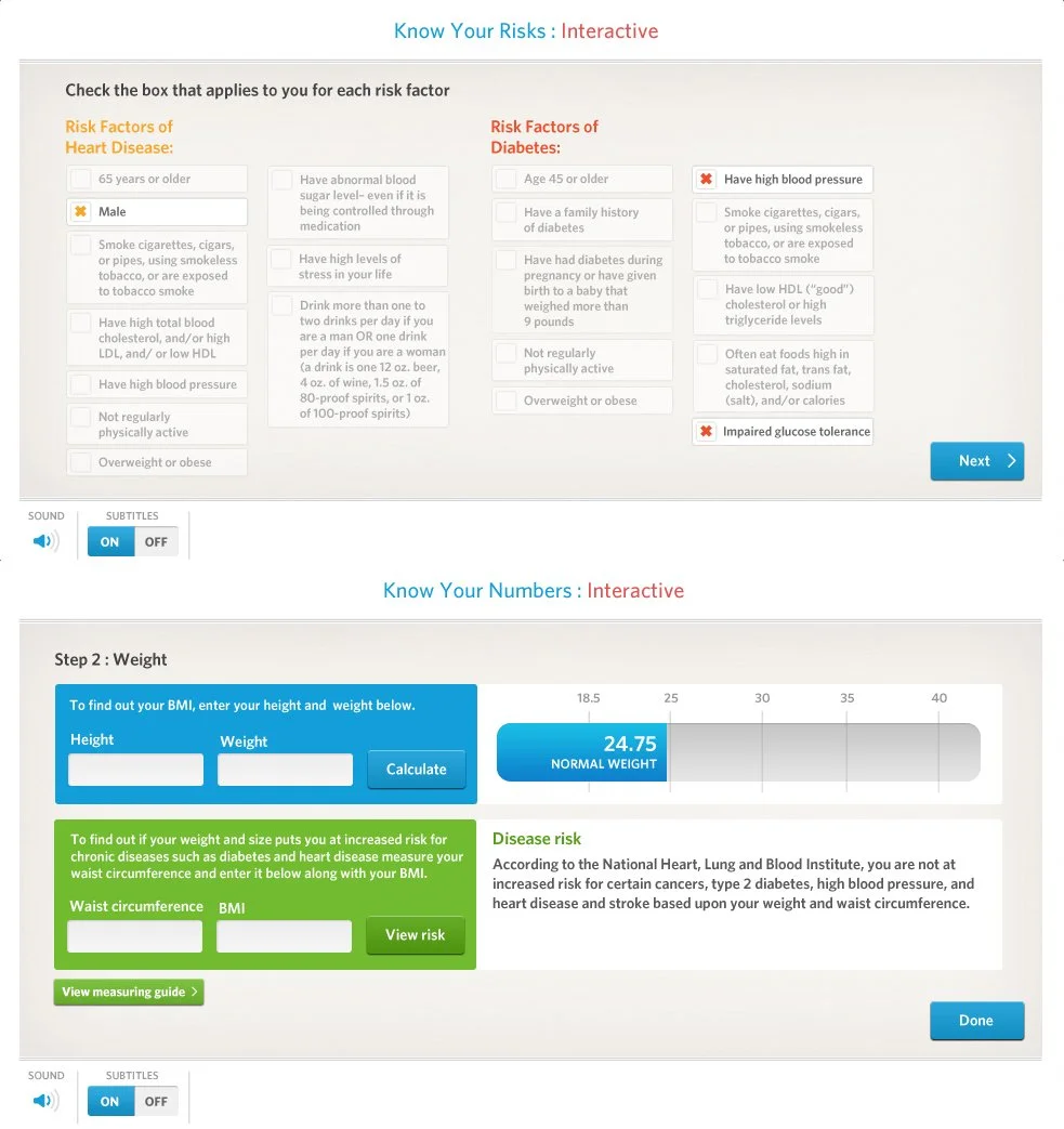 Screenshots of an interactive health risk assessment webpage, with sections on risk factors for heart disease and diabetes, and a BMI calculator for weight and height to assess disease risk.