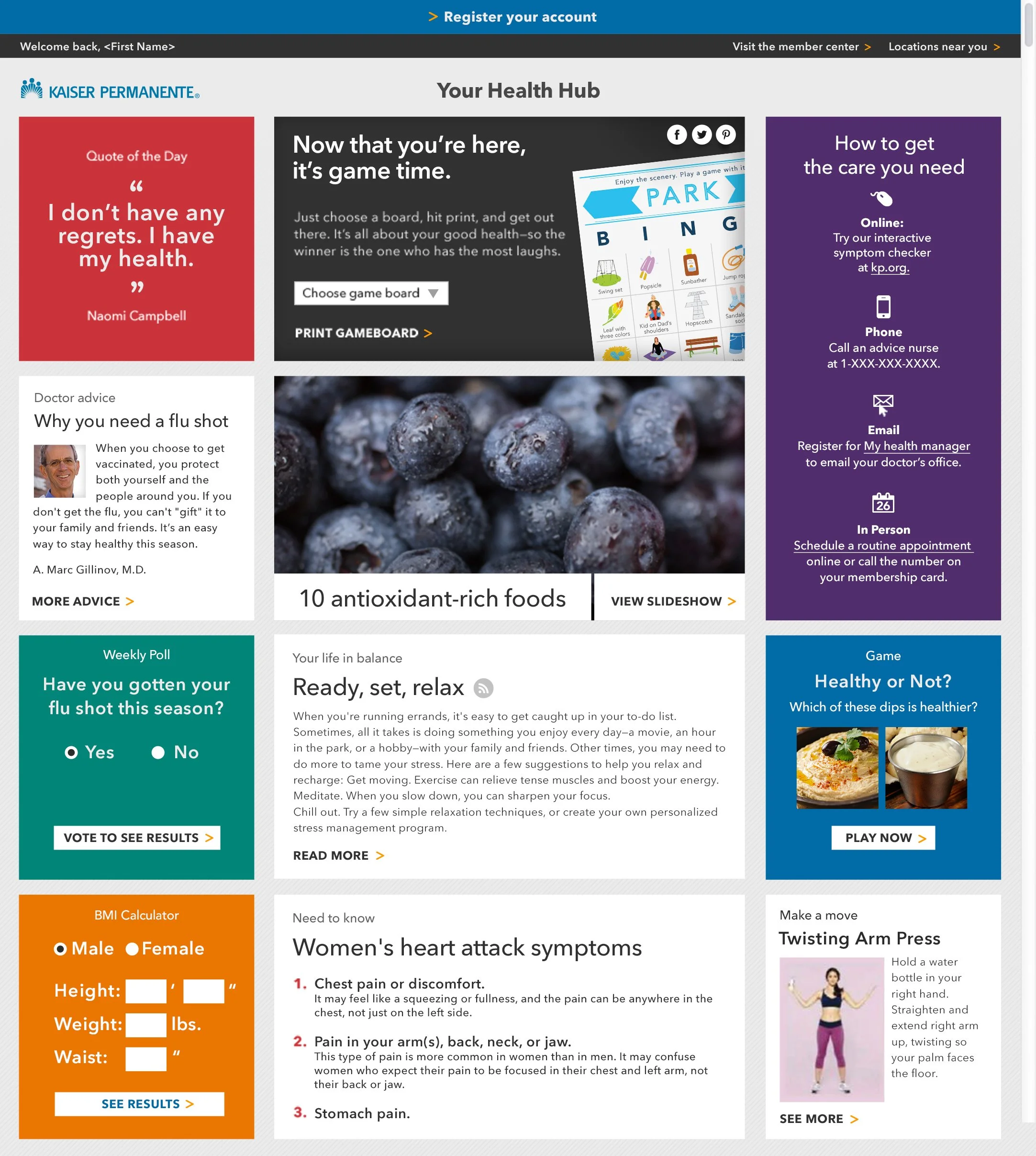 Screenshot of a health information website featuring various sections including a quote about health, a game board for a game called 'Park', a slideshow of antioxidant-rich foods, a poll about flu shots, an article about women's heart attack symptoms, and a section on twisting arm press exercises.