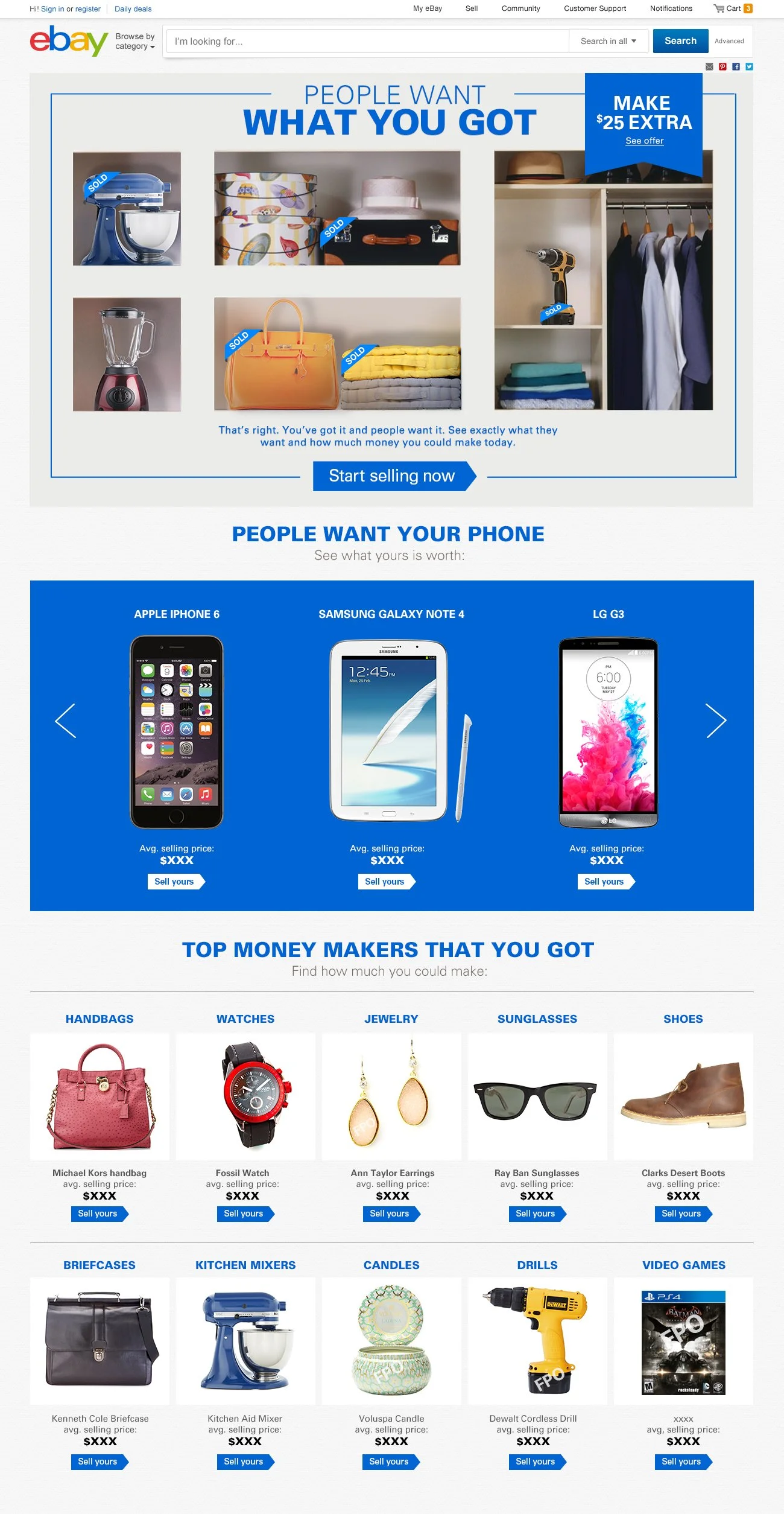 Ebay online shopping webpage featuring a banner with items for sale, a section for phone trade-in values, and various electronics and accessories including a briefcase, kitchen mixer, candles, drill, and video game.