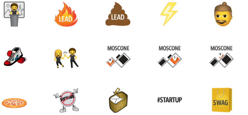A collection of emojis representing tech startup concepts, including a person at a computer, flame icons with 'LEAD', a lightning bolt, a man with a beard, a running shoe, two people high-fiving, diagrams labeled 'MOSCONE' with different compass directions, a pizza, a software crossed out, a spam mail, a hashtag 'STARTUP', and a yellow shopping bag with 'SWAG'.
