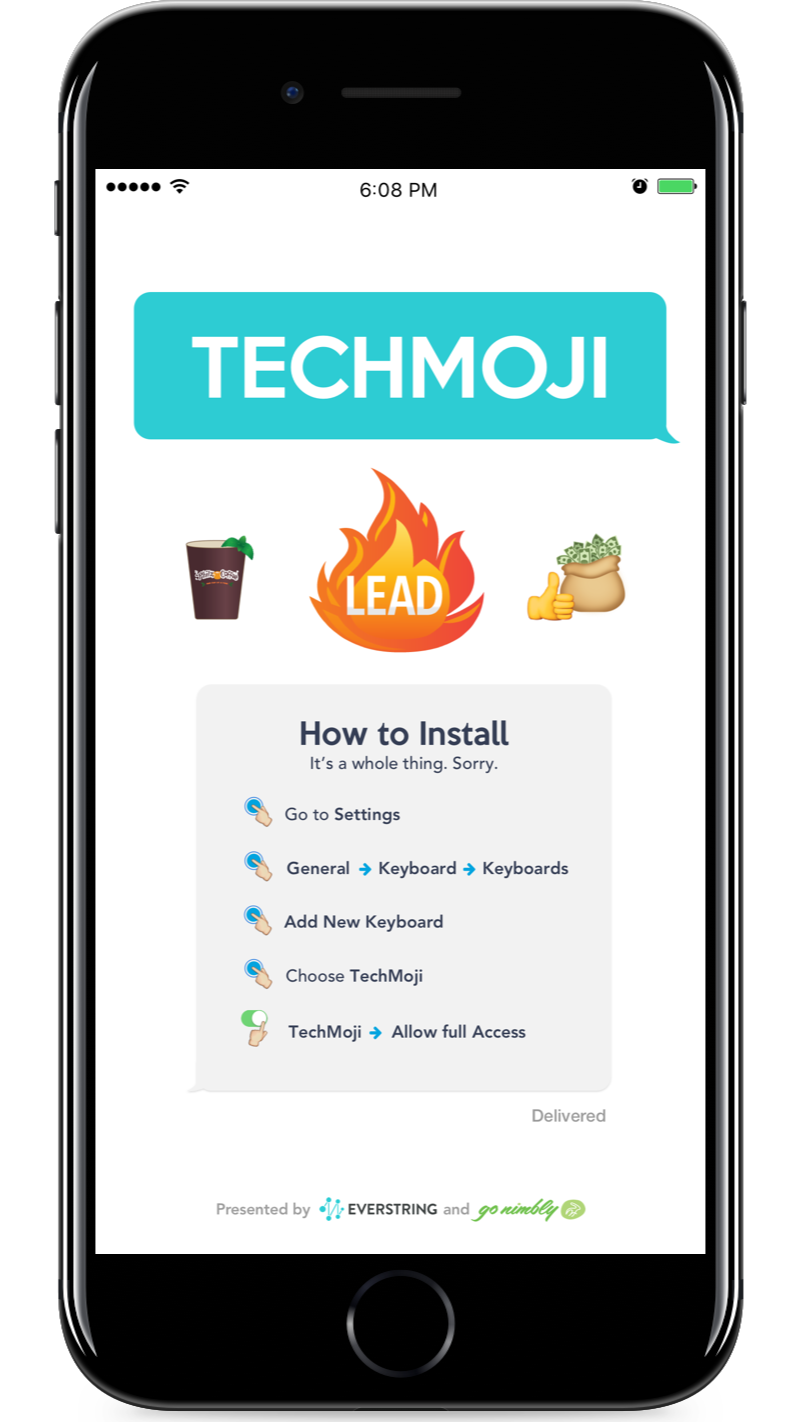 Smartphone screen displaying a tutorial for installing the TechMoji app, with icons of a cocktail, a fire symbol with the word 'LEAD', and a money bag with a thumbs up, along with step-by-step instructions.