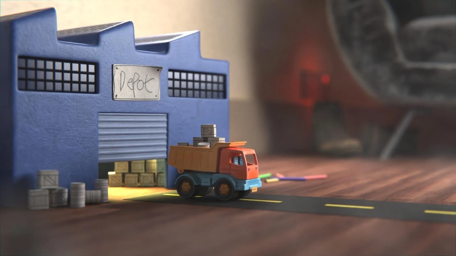 Cosy atmosphere realistic 3D render showing a toy truck in a domestic room.