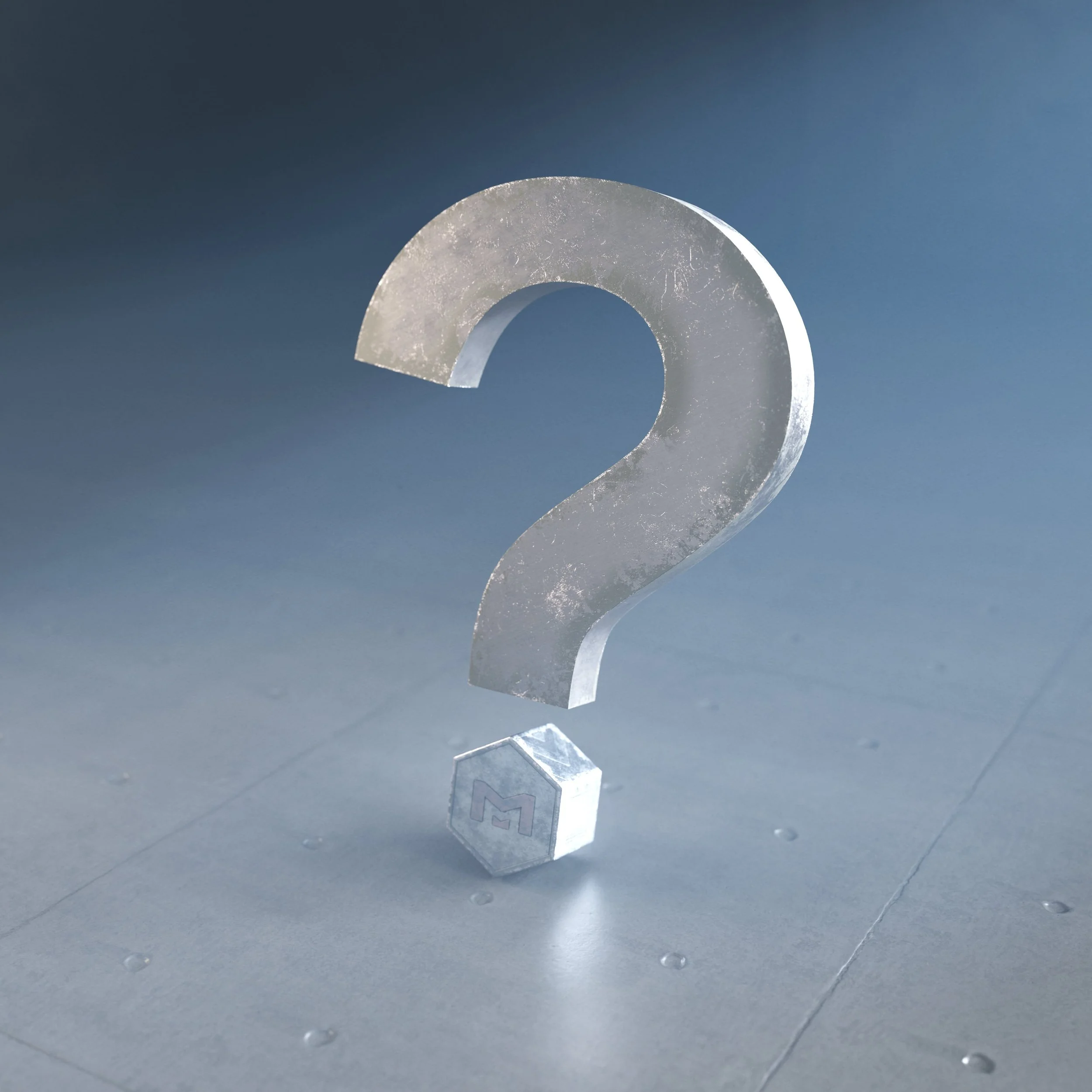A large metallic question mark standing on a flat surface with a small hexagonal base.