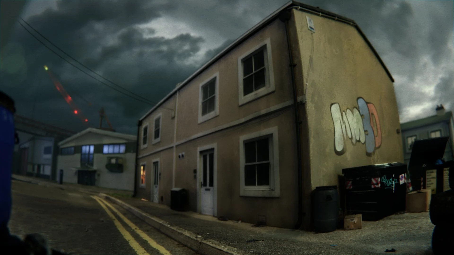 Dark, stormy sky above a narrow street with residential buildings. One building has a colorful graffiti sign that says 'NOIR D' on the side. Trash bins and debris are on the sidewalk.