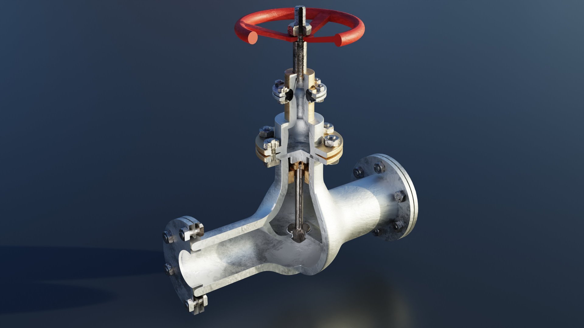 A metal valve with a red handwheel, installed on a water pipe against a dark background. Cutaway view.