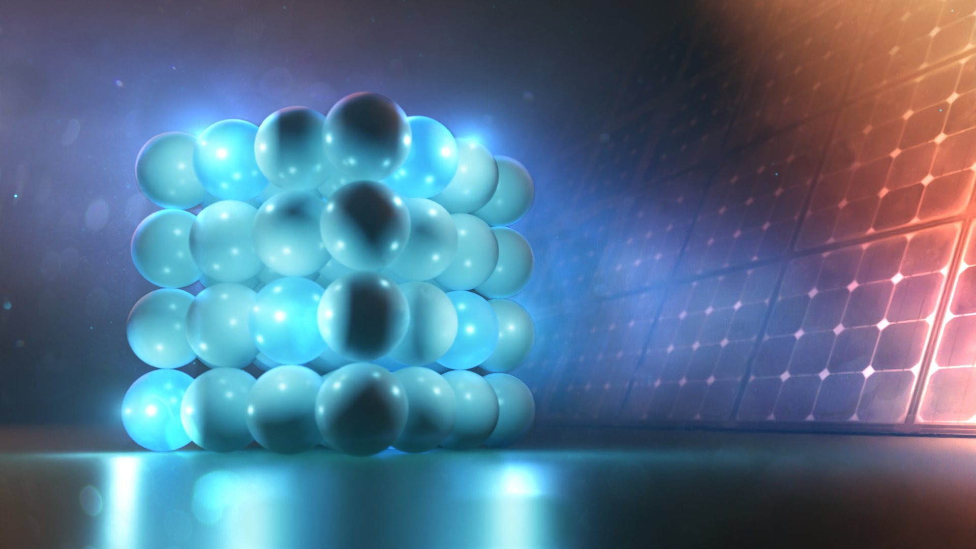 3D render of a molecular lattice and some solar panels.