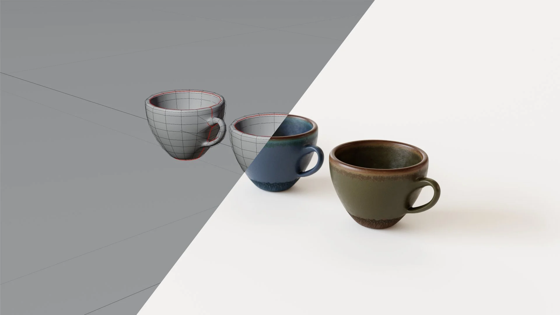 Photorealistic 3D render of coffee mugs with wireframe view.