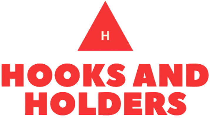 Logo with a red triangle containing a white letter H above the words 'Hooks and Holders' in bold red text.
