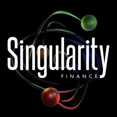 Logo for Singularity Finance featuring orbiting spheres and a black background.