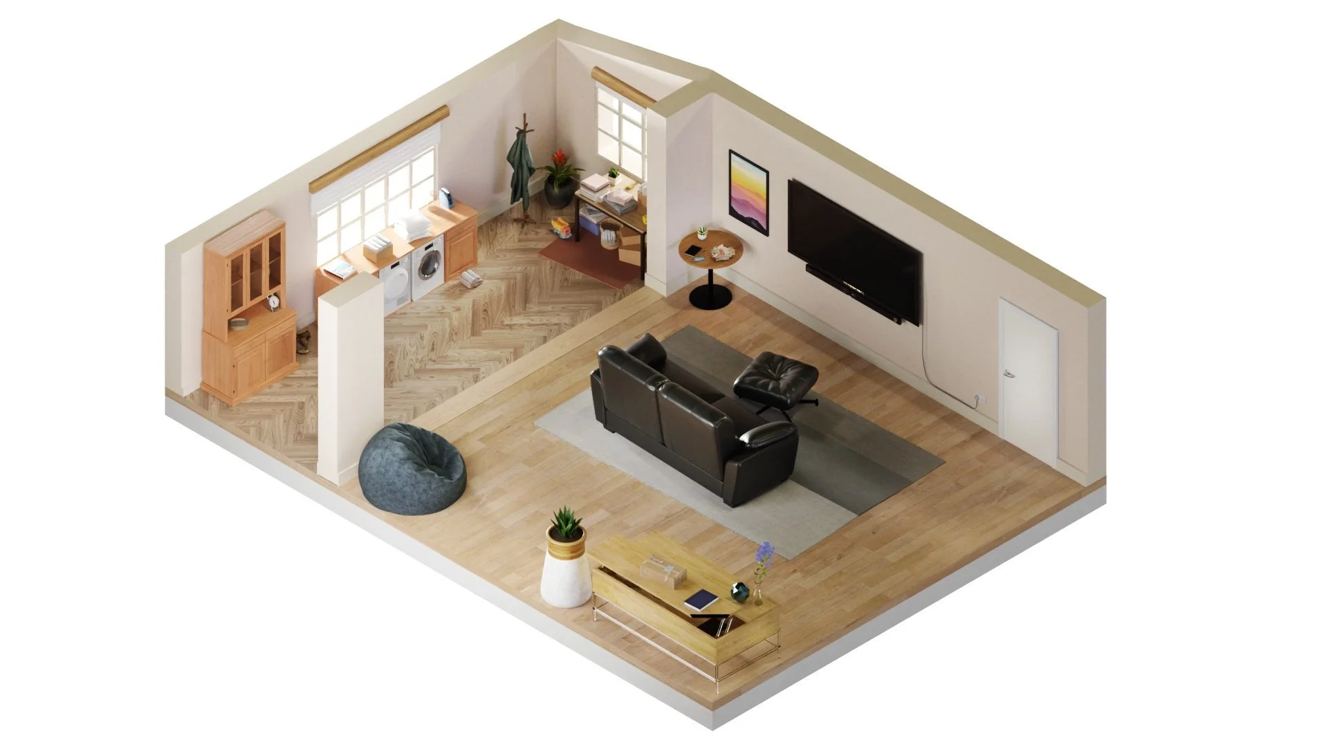 Live-in room with a black sofa, wall-mounted TV, small round side table, wooden entertainment unit, a bean bag, potted plant, desk with books and an office chair, and a window area with laundry appliances.