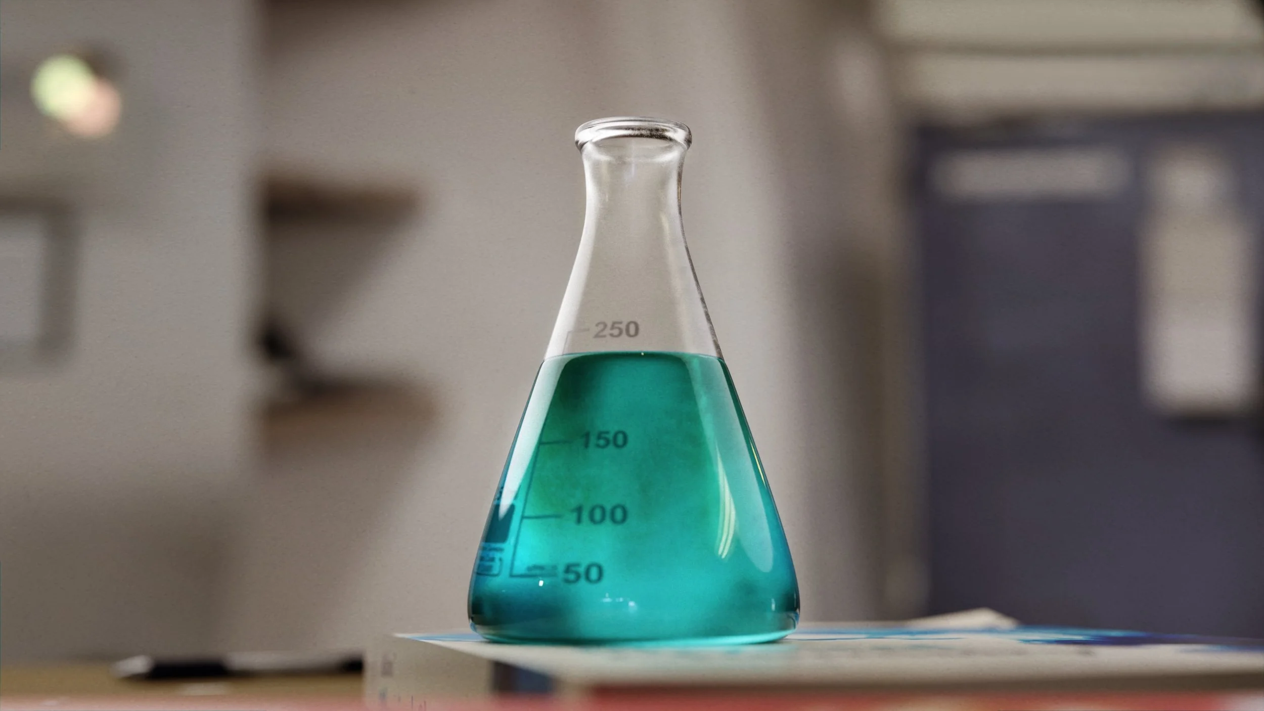 A laboratory beaker filled with a blue-green liquid on a table in a scientific setting.