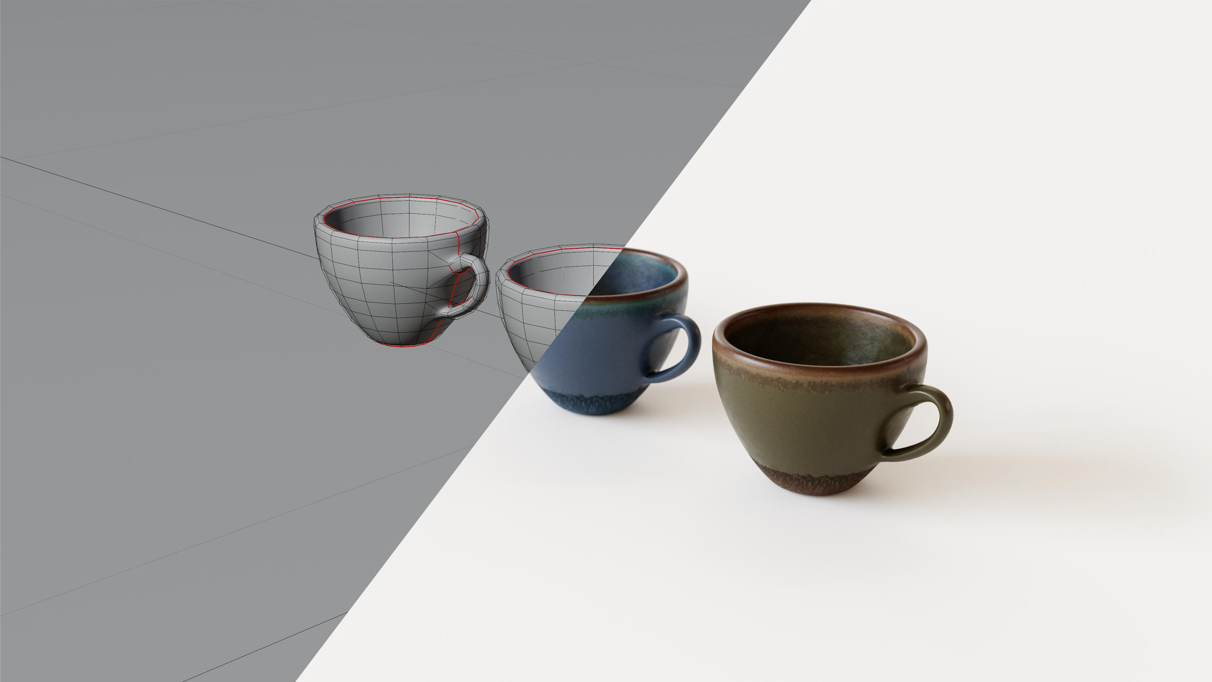 "Behind the scenes" 3D render of textured and untextured 3D coffee mug models.