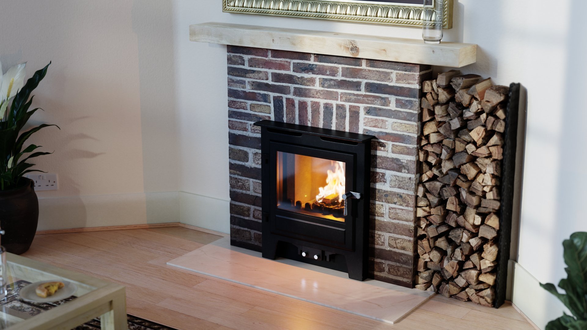 Realistic image of a wood burning stove inset into a fireplace in a lifestyle setting. 3D render.