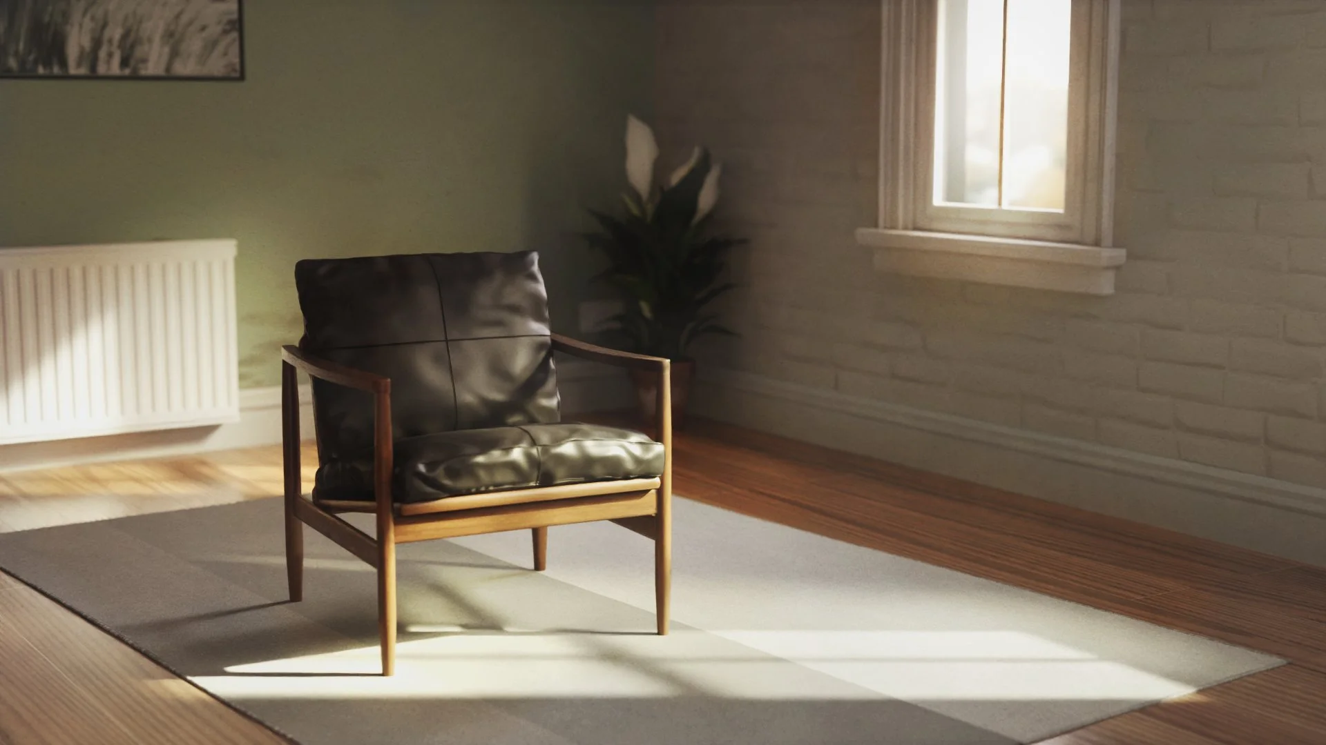 Leather chair showroom image. 3D render.