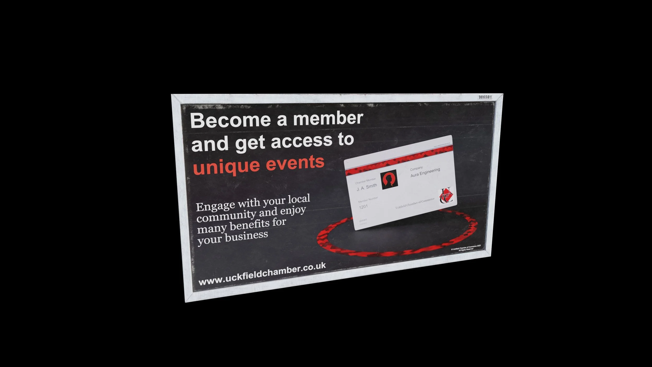 Advertisement for becoming a member of the Uckfield Chamber of Commerce, featuring a membership card, with a call to action to join for access to exclusive events and benefits. The ad includes the website www.uckfieldchamber.co.uk.