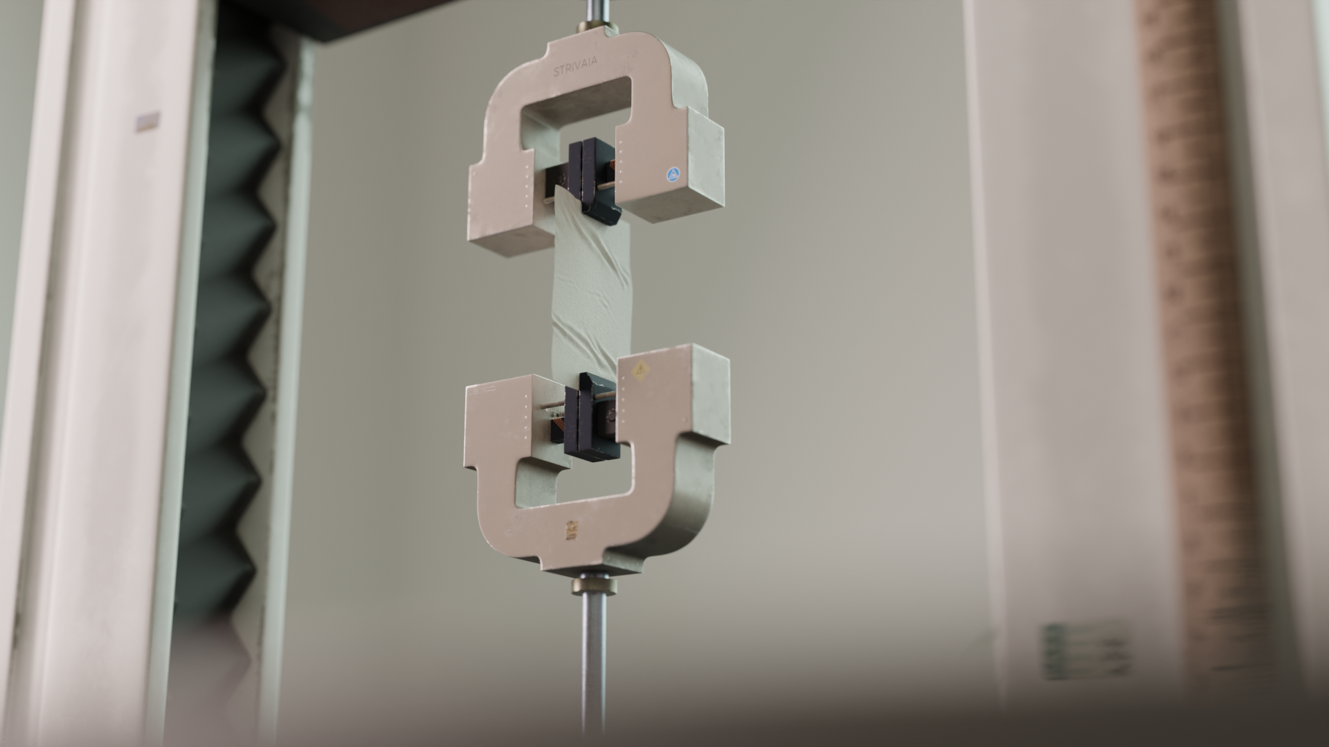 3D render of a fabric tensile strength machine stretching a piece of fabric.