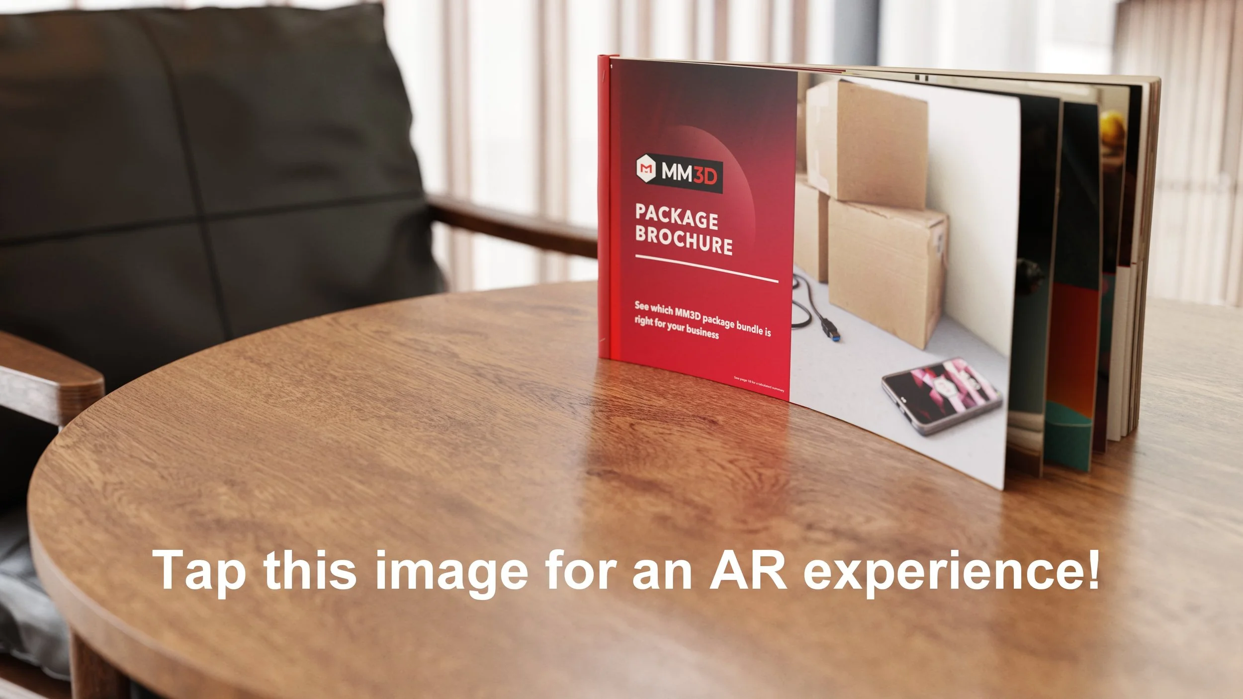A brochure on a table. Tapping the image opens a mobile AR experience.