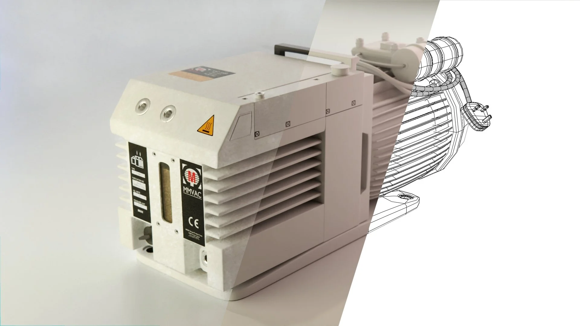 Electrical component with heat warning label, fan vents, and labels including CE mark. The right side of the image shows a technical wireframe model of a mechanical device.
