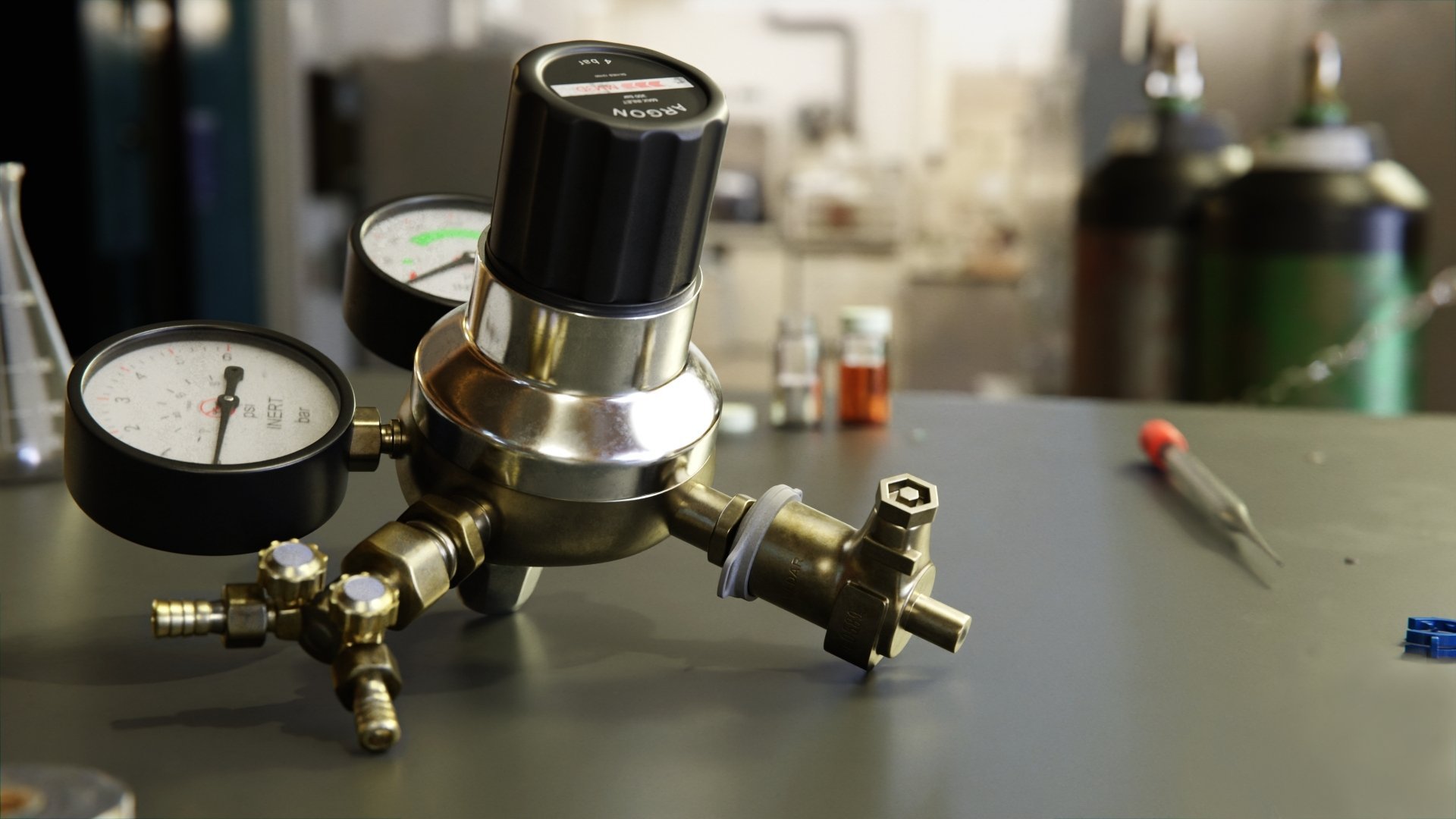 Close-up of a medical or laboratory device with pressure gauges, valves, and a black top, placed on a table with a syringe and small container in the background.