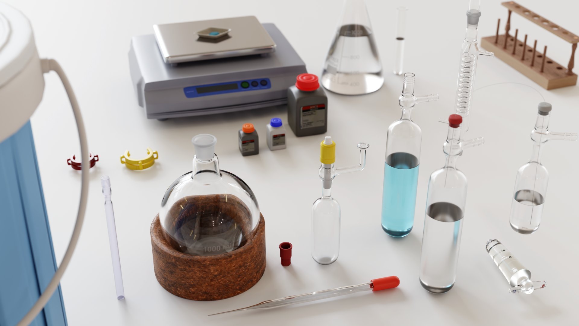 Photorealistic 3D render of assorted Chemistry equipment.