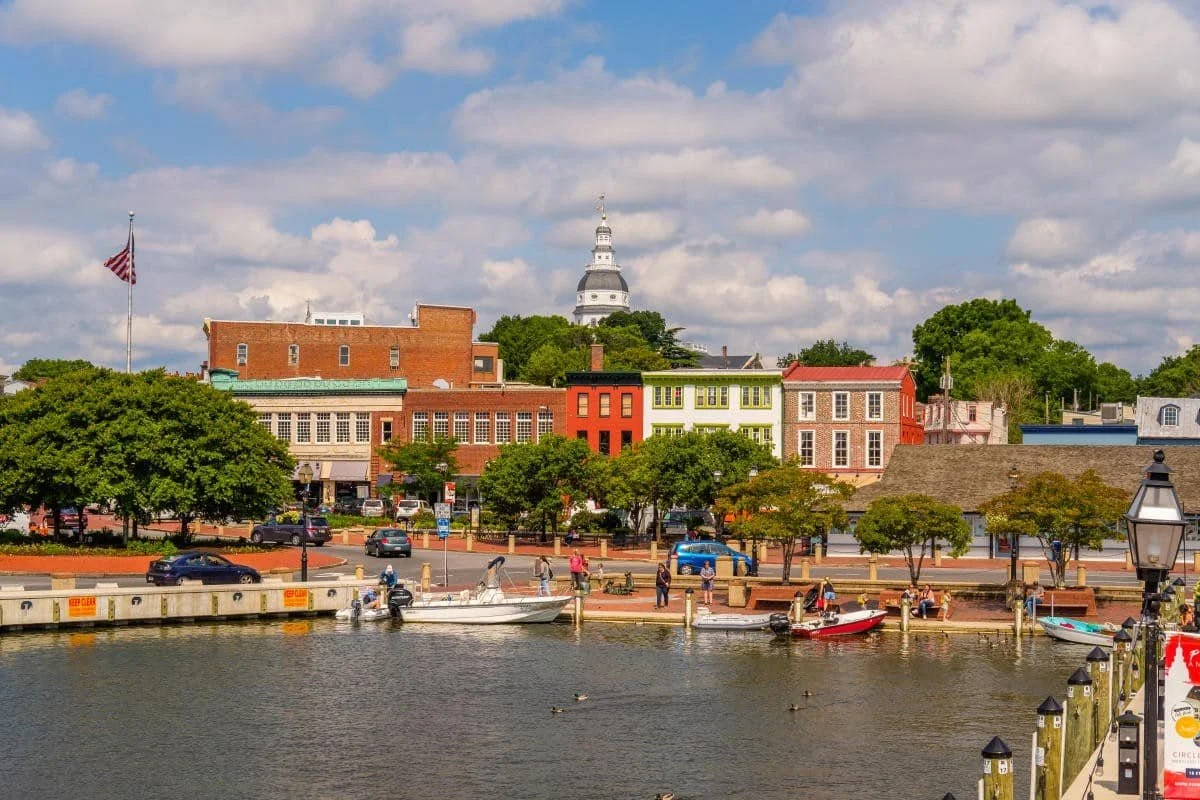 A waterfront view of a downtown area with colorful buildings, trees, and a church steeple in the background. There are boats docked at the pier and people walking along the promenade.