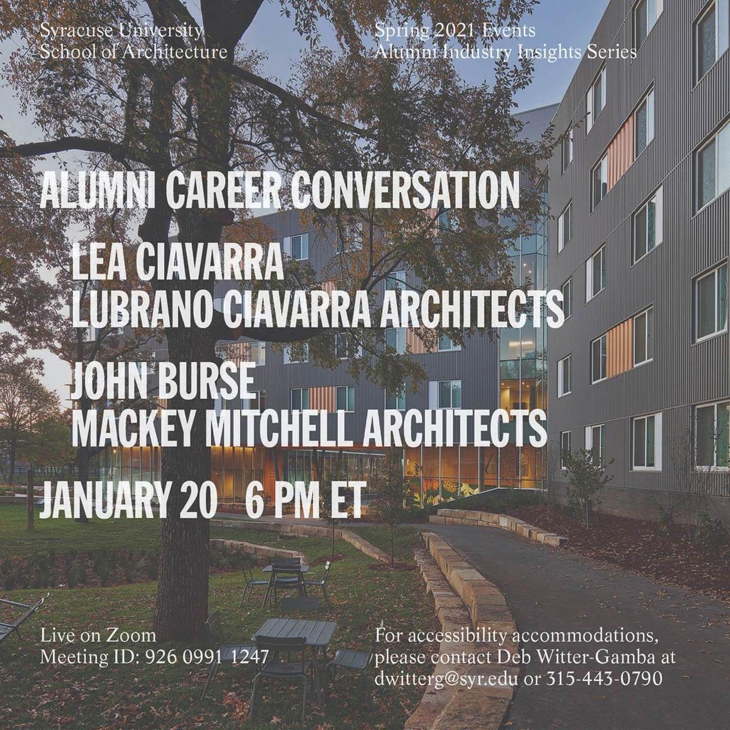 Mark your calendars! 

Lea Ciavarra, Syracuse University School of Architecture Advisory Board Chair, will be virtually speaking in the &ldquo;Career Conversations&rdquo; series, moderated by @mspeaks, to discuss the current job market and the future