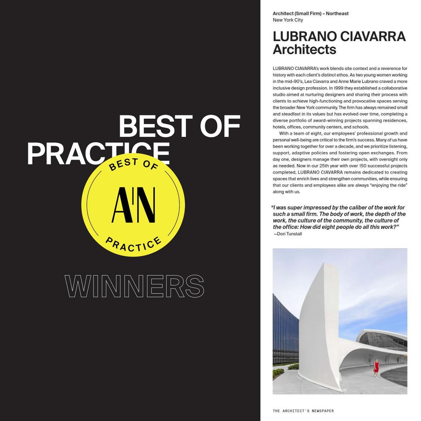 We are wrapping up our 25th year with a feature in the latest issue of The Architect&rsquo;s Newspaper!

LUBRANO CIAVARRA Architects is thrilled to sit among the talented cohort of The Architect&rsquo;s Newspaper Best Of Practice 2024.

Special thank
