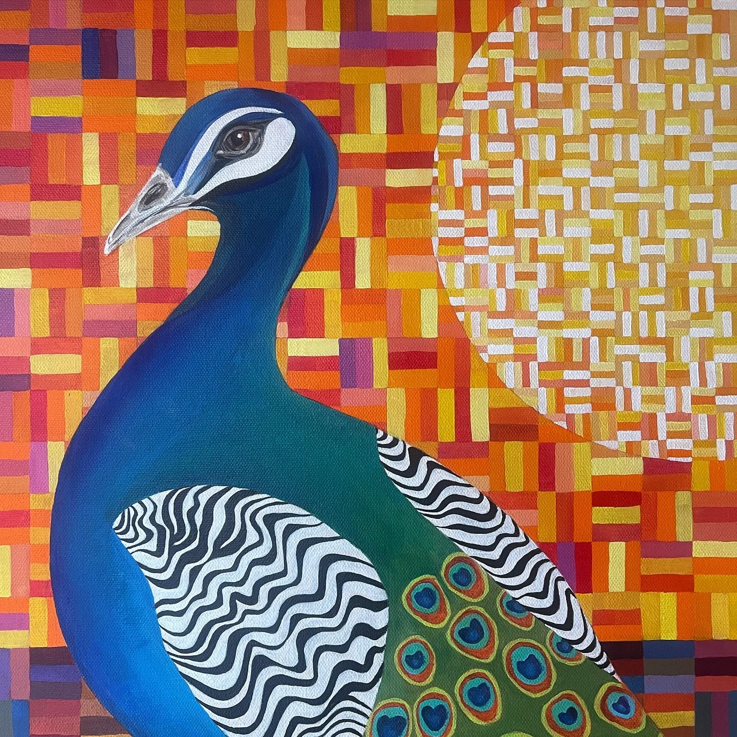🦚Here&rsquo;s a sneak pea-cock of my latest #workinprogress !
At 36&rdquo; x36&rdquo;, it is the largest canvas I have painted yet (this is just a detail of the whole thing). Peacocks represent many different cool things in cultures around the world