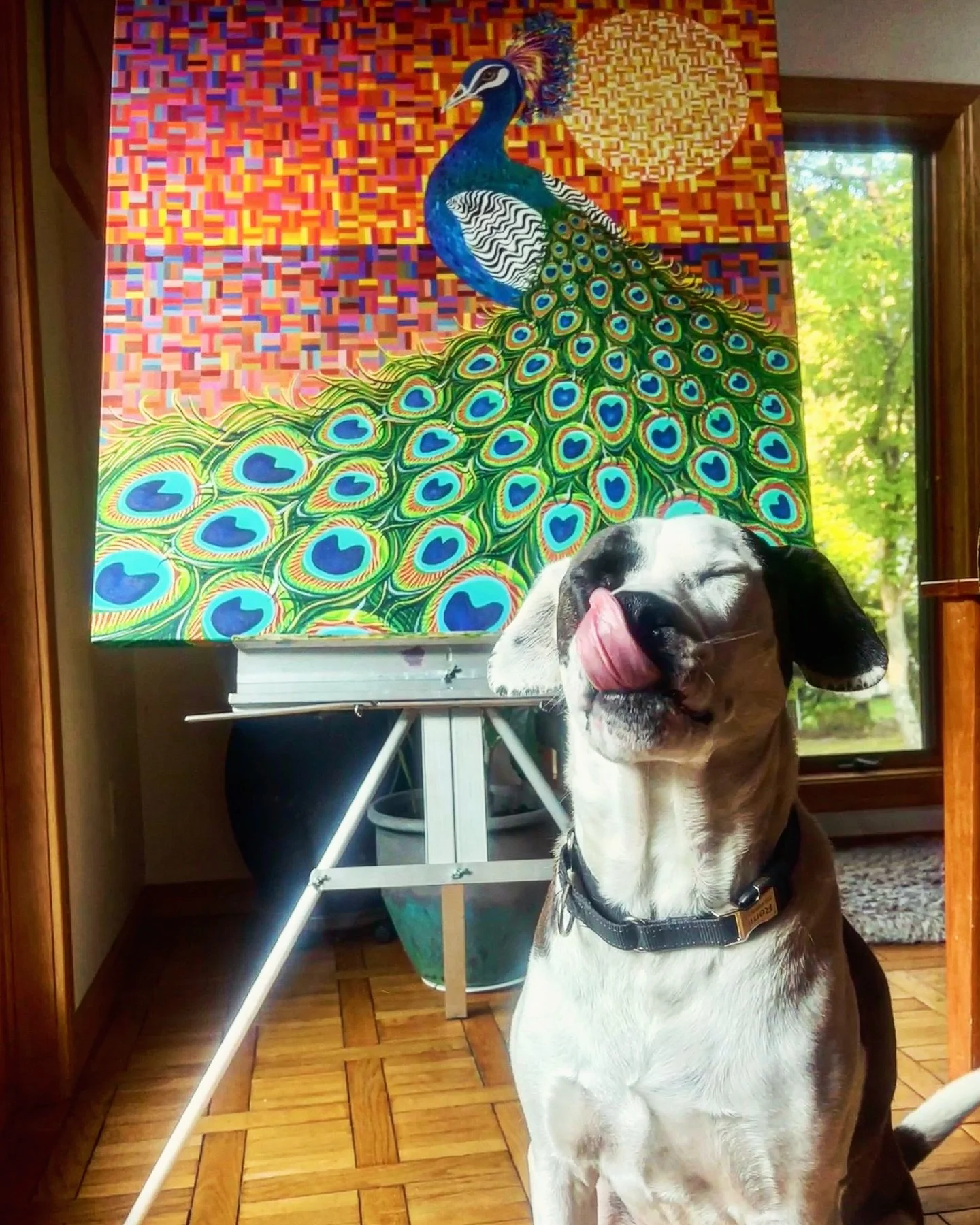 🐶What does &ldquo;dog days of summer&rdquo; really mean? I have no clue, but it is the phrase that popped into my head when I took this photo today! Remi tells me when it&rsquo;s time to take a break by sitting between me and the canvas. #studiodog 