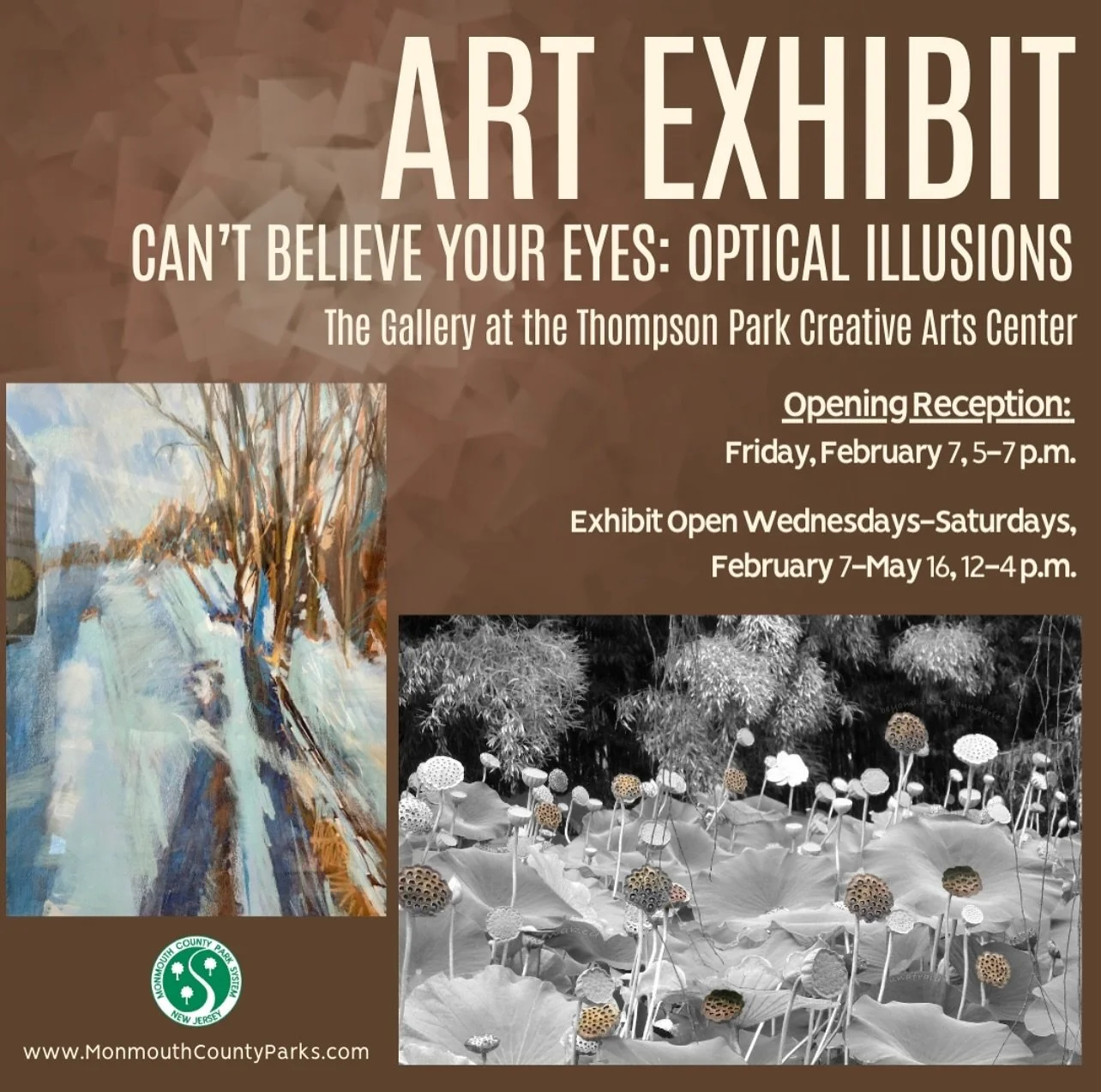 Tomorrow Friday 2/7, 5-7pm at The Gallery Thompson Park Creative Arts Center is the opening reception for &ldquo;Can&rsquo;t Believe Your Eyes:Optical Illusions&rdquo;! Enjoy a performance by musical guest Gary Nokes. I have two pieces in this show. 