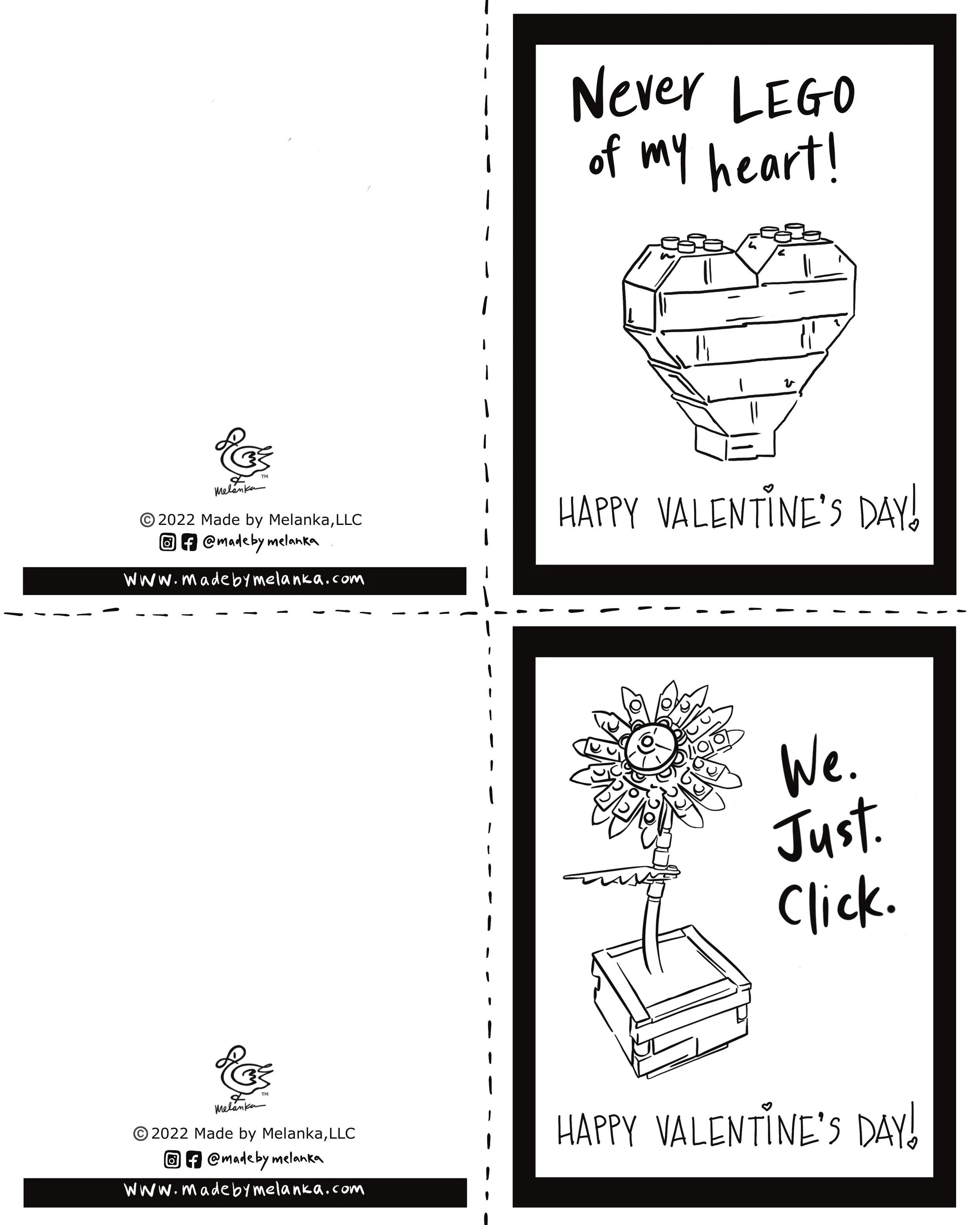 Heart and Flower Valentine Cards (Black & White) Approximately 4" x 5"
