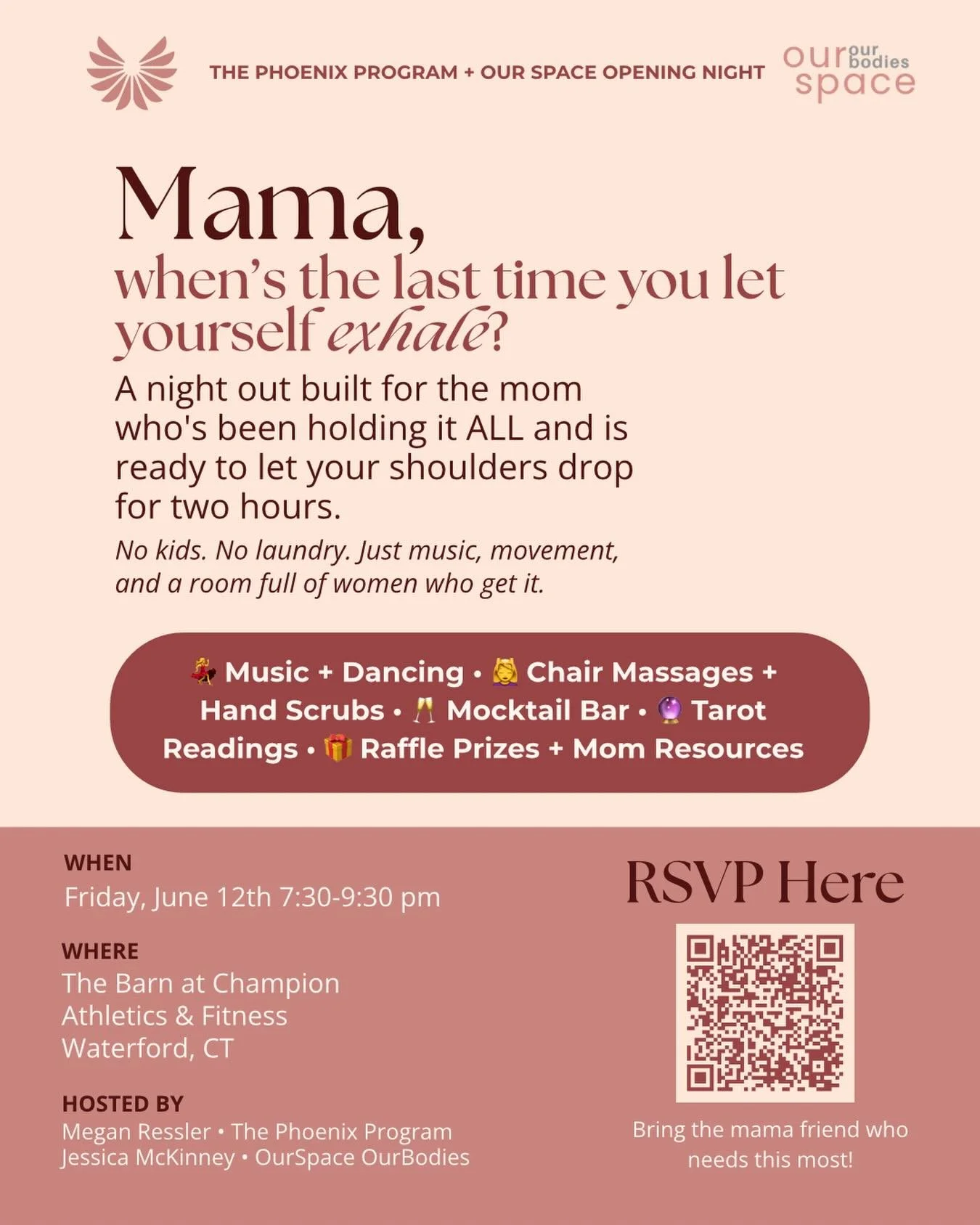 ✨SAVE THE DATE ✨
Friday June 12th 7:30 pm 

We are hosting a MOMS NIGHT OUT 💃
To celebrate the opening of The Phoenix Program and Our Space ❤️&zwj;🔥

✨ Music - Dancing - Chair Massage - Hand Scrubs + Massage - Tarot Readings - Raffle - Mocktails - 