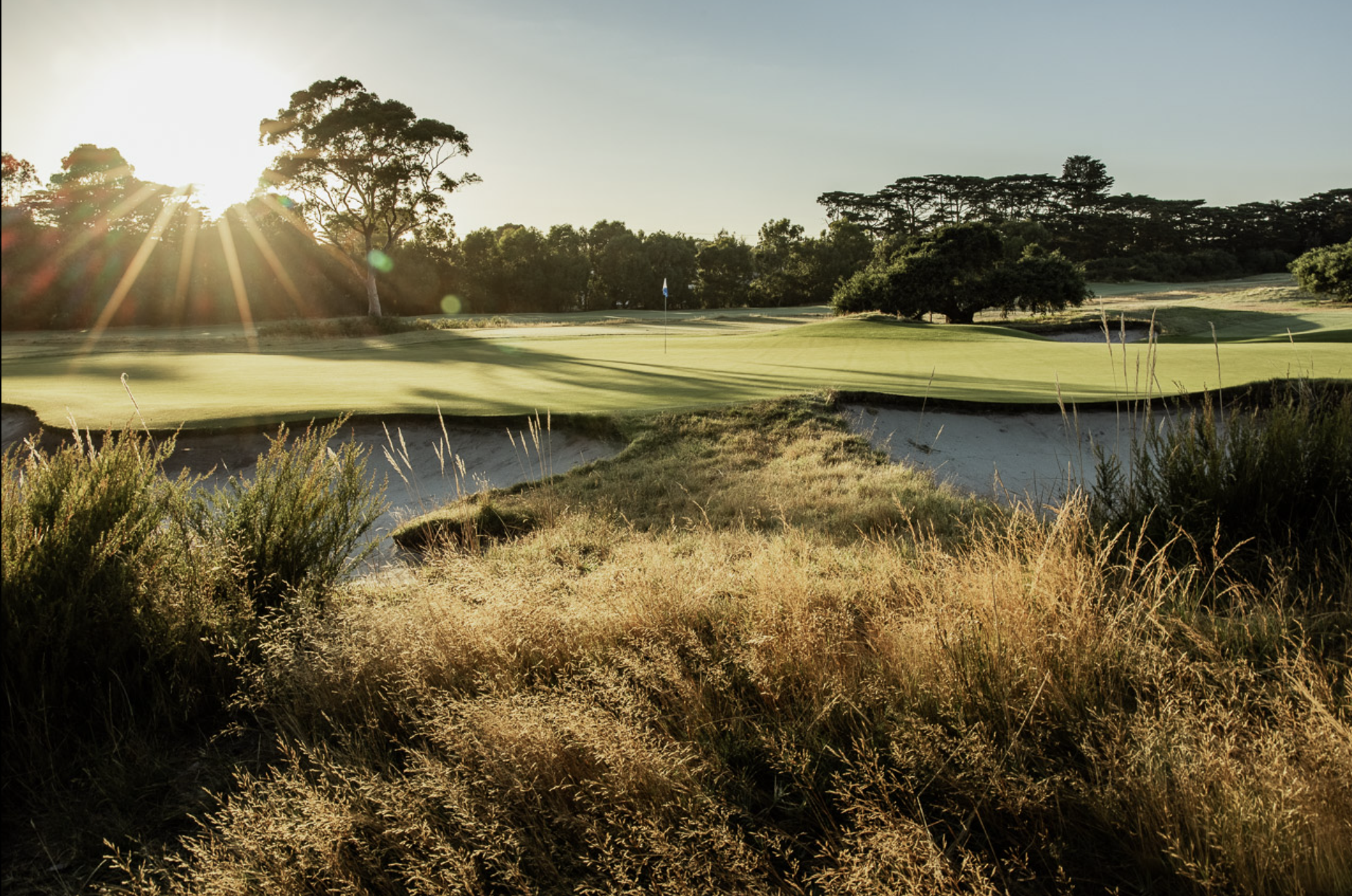 A golf course green with a flag, surrounded by trees and sand bunkers, with the sun shining in the background.