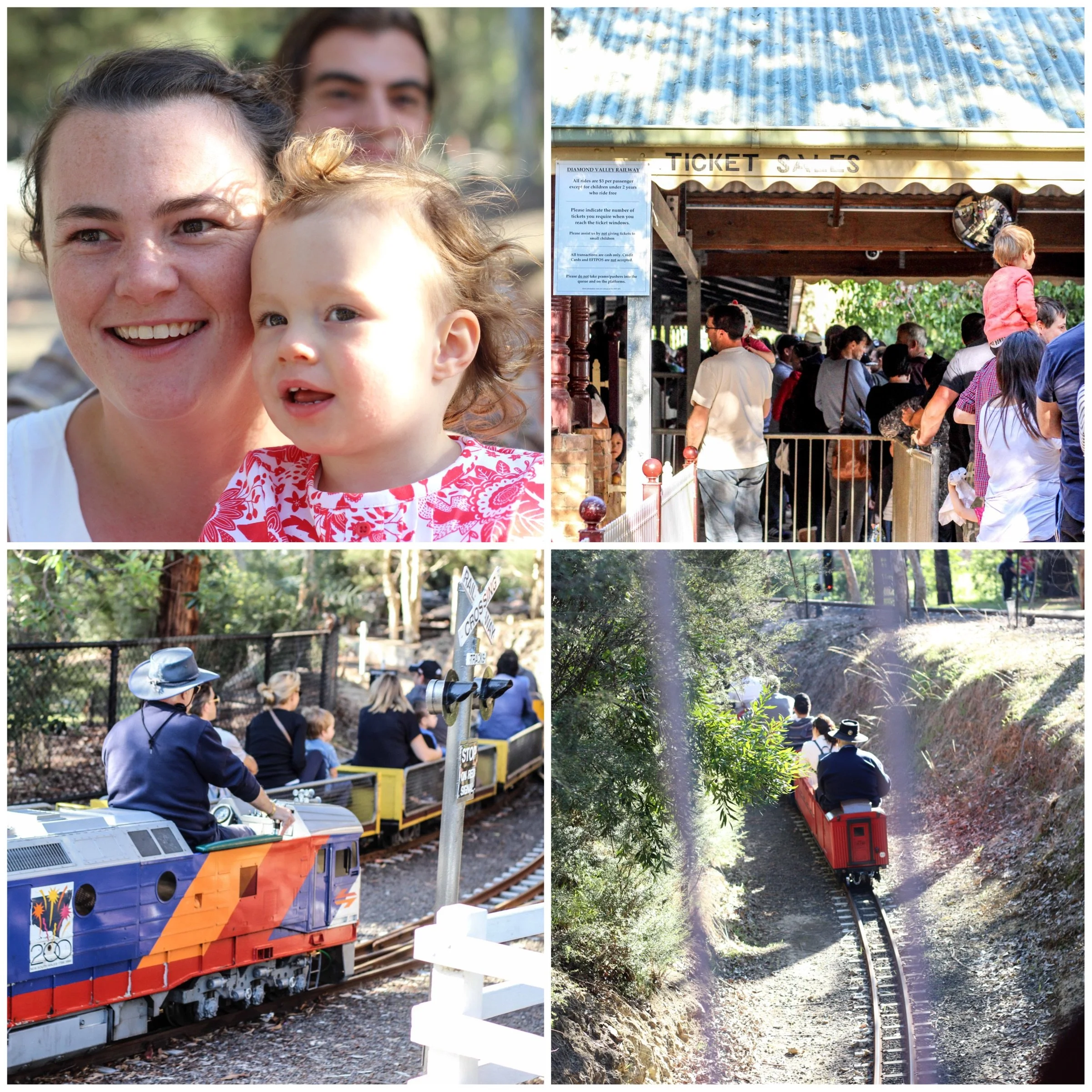 Collage of four photos from a family outing: Top left shows a woman and a young girl outdoors smiling; Top right shows a ticket booth with a crowd waiting in line at an amusement park; Bottom left shows a small train with children and adults riding along a track; Bottom right shows people riding a narrow-gauge train through a wooded area.