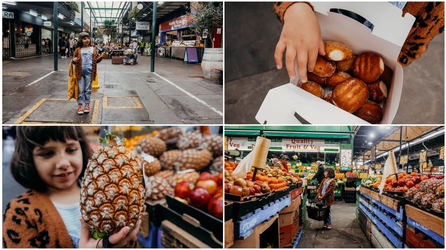 A young girl shopping at a marketplace, holding a pineapple and picking up baked goods, with various fruits and vegetables displayed.