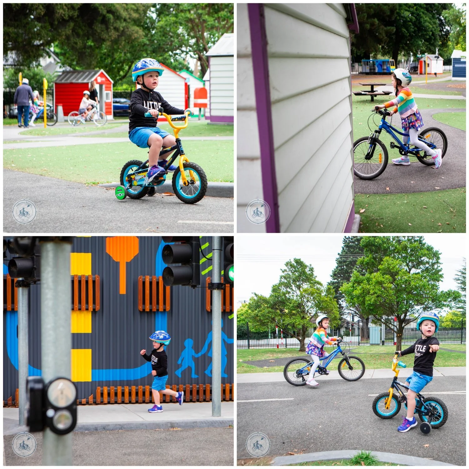 Children riding bikes and running in a park with trees and colorful structures.