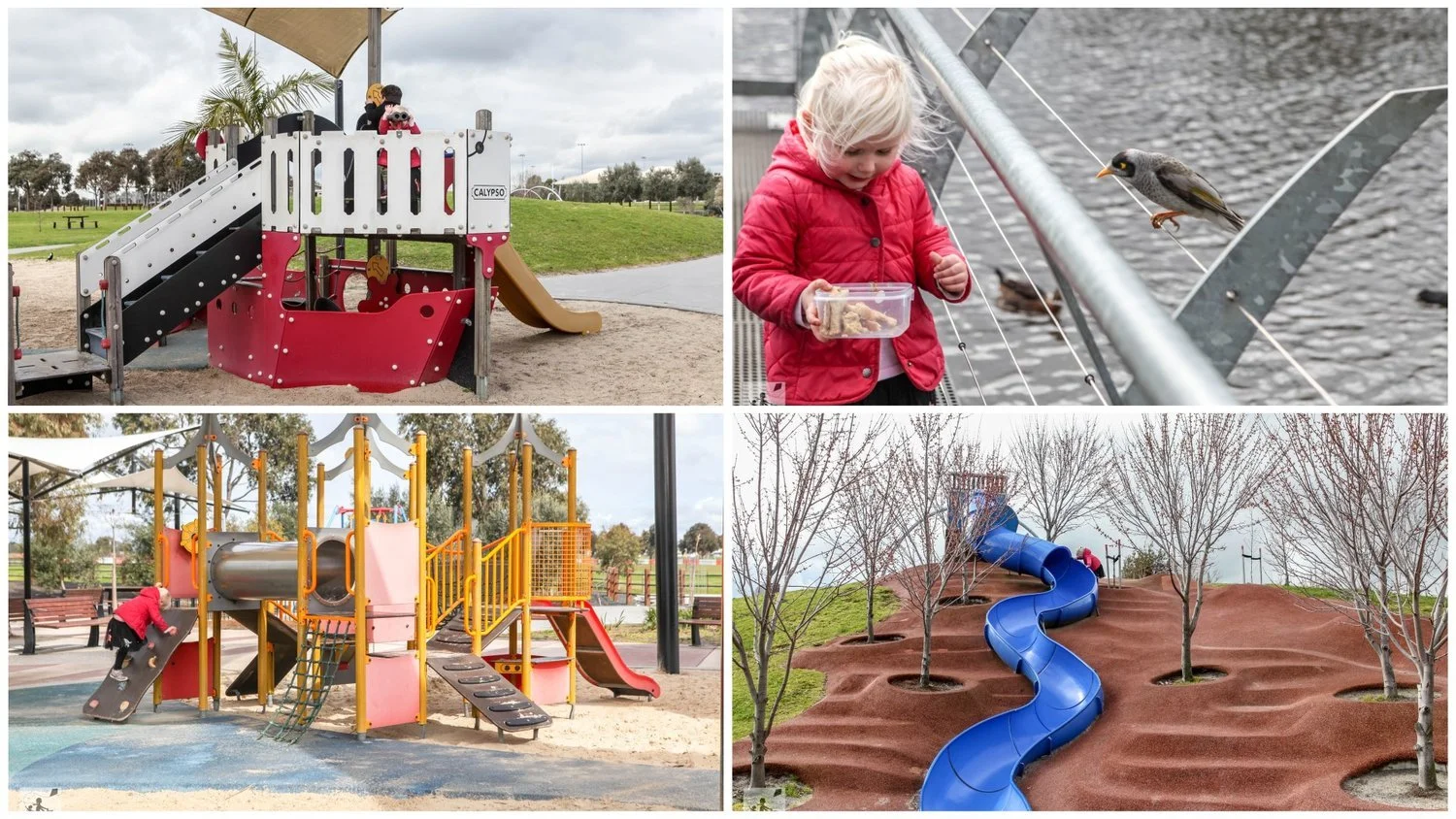  collage of four images showing children playing at a park with playground equipment, a girl feeding birds near water, and a playground slide on a hill with trees.
