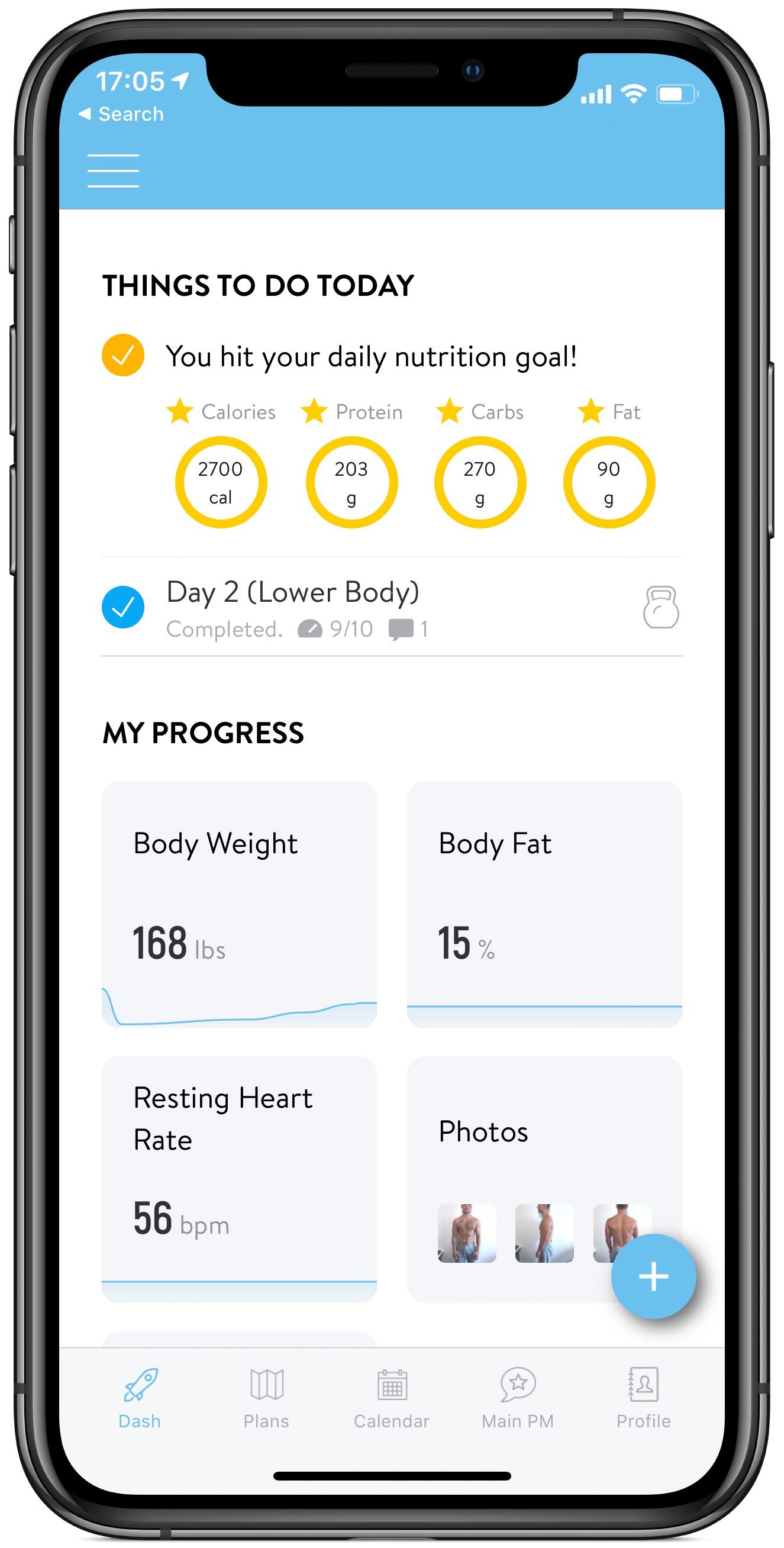Trainerize app showing online training dashboard