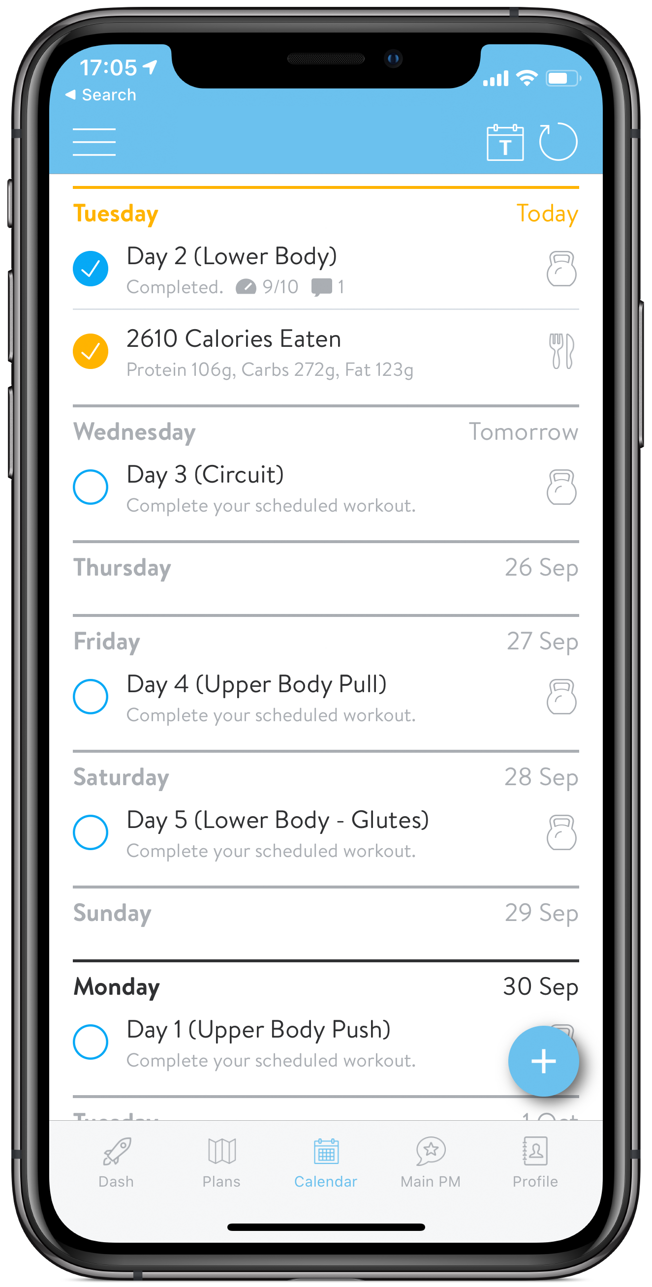Trainerize app showing online training calendar