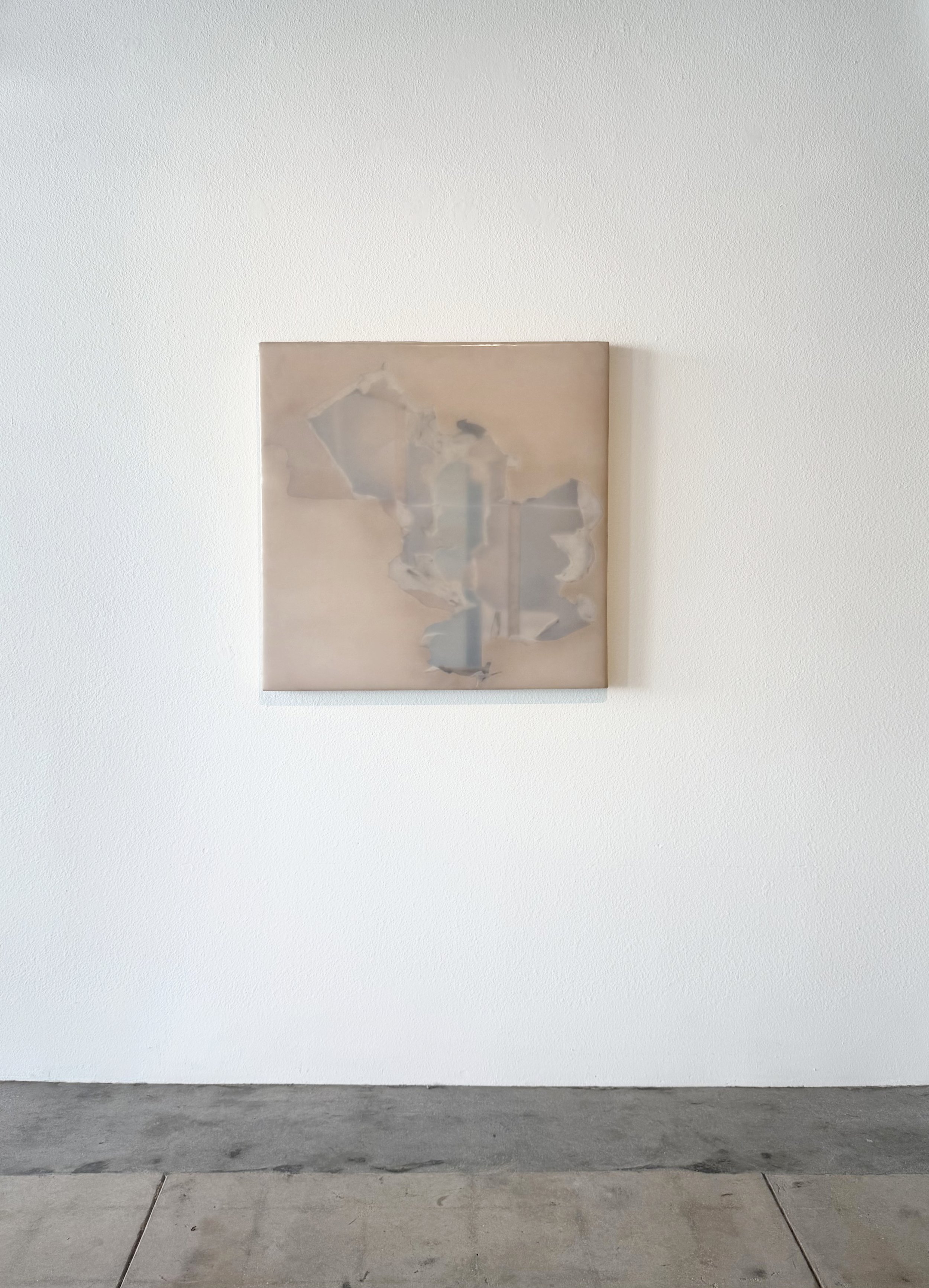 Matthew McGaughey. Hole Theory #1 . 2023. Silicone rubber, airbrush, and canvas on wood panel. 36 x 36 inches. [Installation view (Day)/ Noon.]