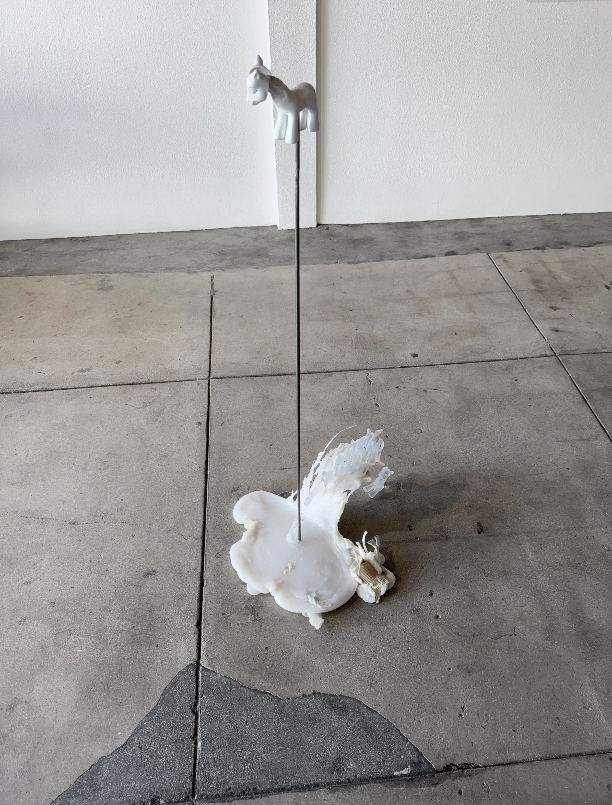 Danica Ribi. Toy, Toy (paradise inside) . 2026. Polyethylene, resin, metal, epoxy, My Little Pony G3 (Sunny Daze), horse toy. [Installation view (Day)/ Noon.]