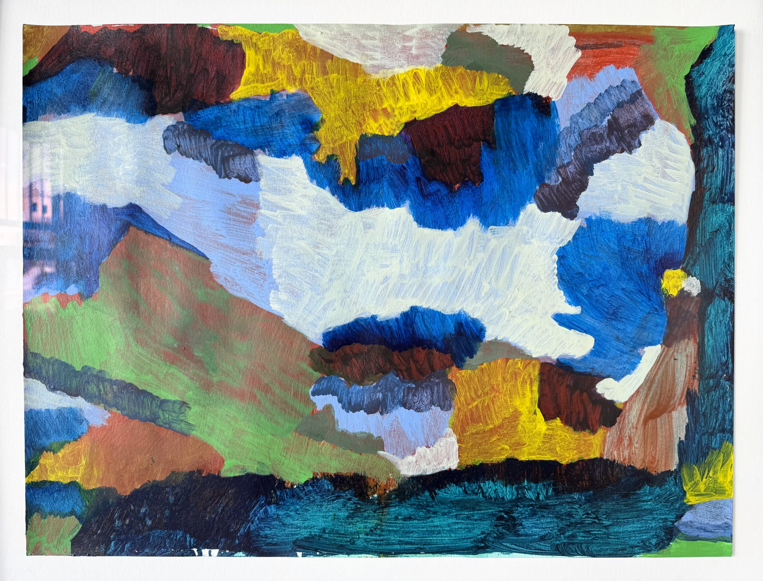 Frantz Jean-Baptiste. You can’t say I wasn’t blowing leaves / I see you in the sea trying to capture breeze . 2026. Acrylic and automotive paint on paper. 18 x 24 inches.