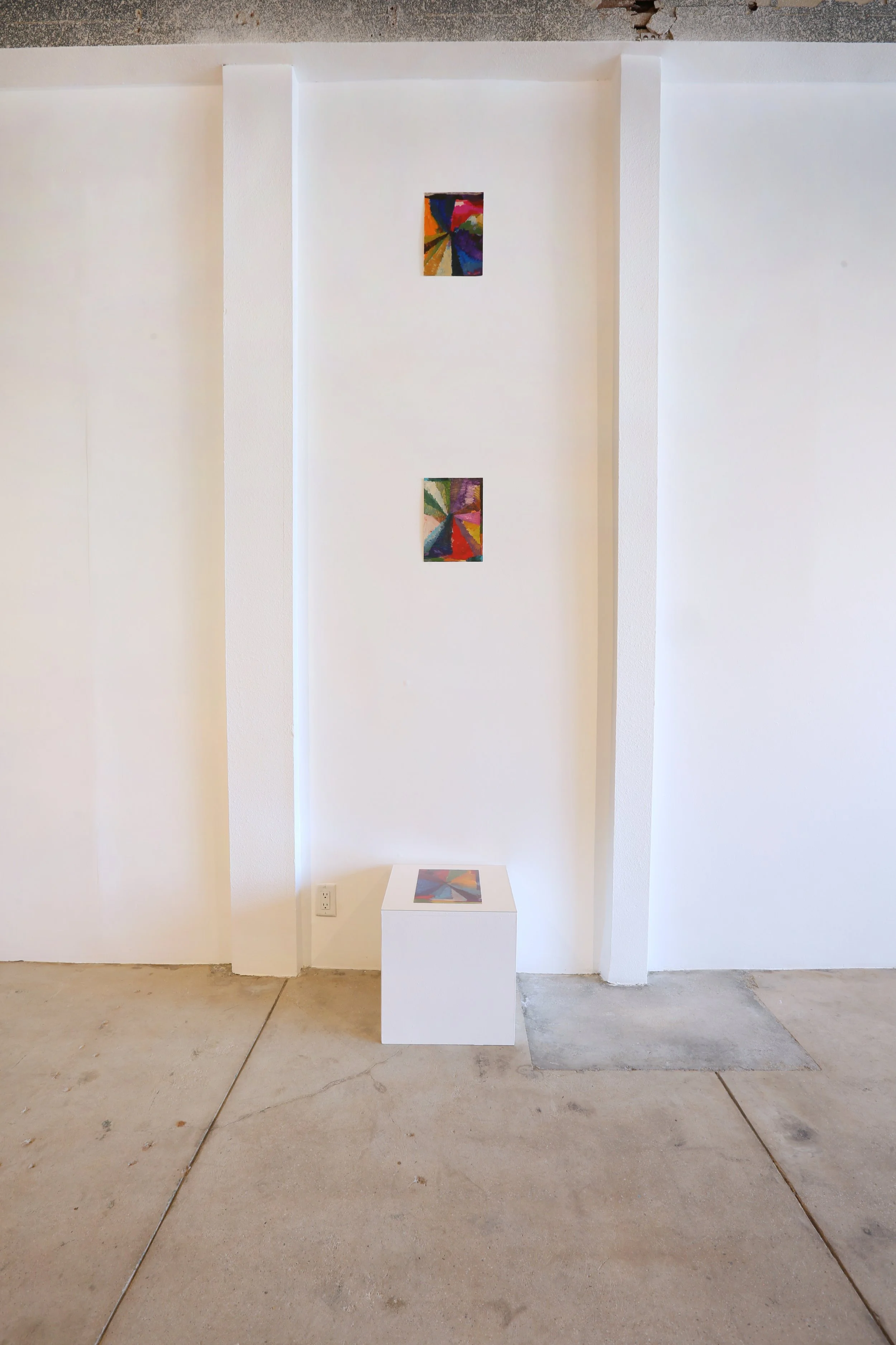 Frantz Jean-Baptiste. 4, 2, 3 . 2026. Oil on paper. 11.5 x 8 inches. [Bottom piece installed on pedestal with museum glass.] 