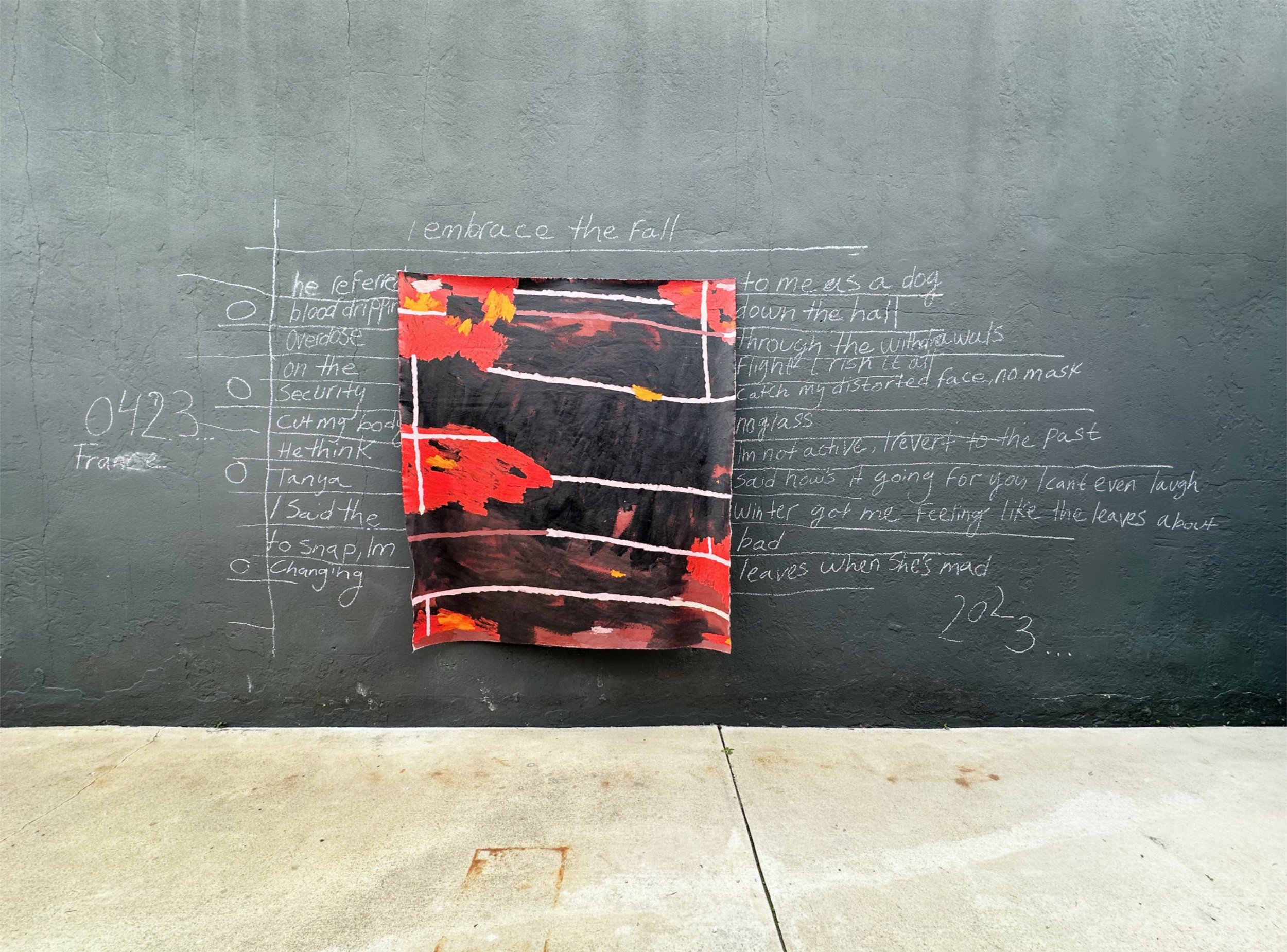 Frantz Jean-baptiste. embrace the fall / he referred to me as a dog / Blood dripping down the halls. 2023. Acrylic and automotive paint on canvas (installation with chalk on cement wall).
70 x 59 inches (7 x 6 ft).
