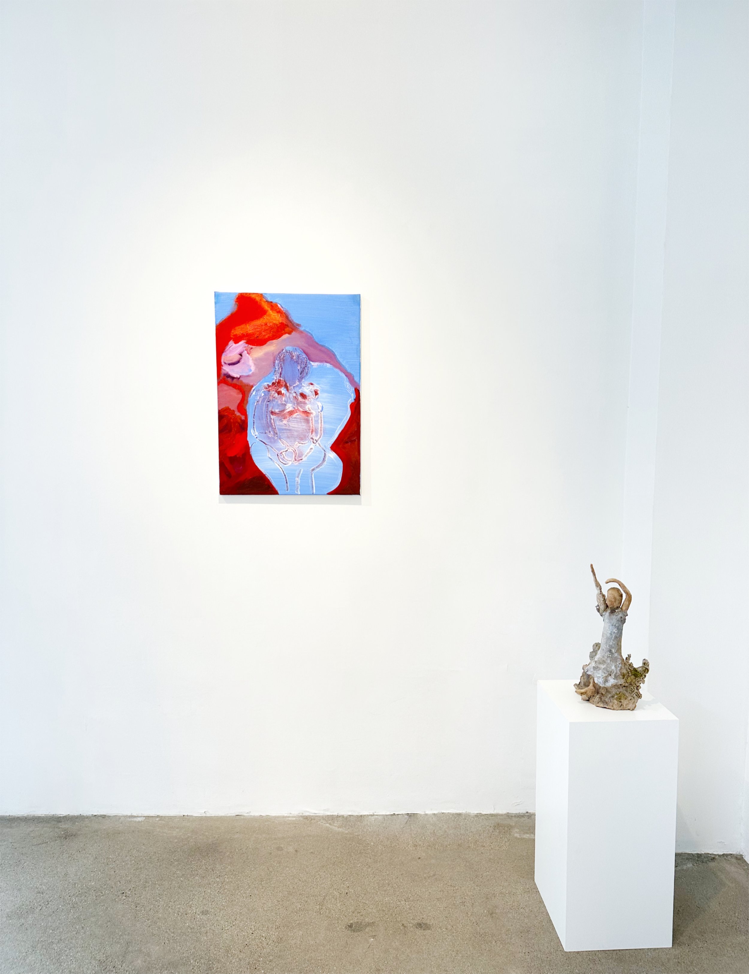 {Upper} Claudia Rega Pool Positions, 2023 Oil, oil-stick, and acrylic on canvas. 27.75 x 19.75 inches (70 x 50 cm). {Lower} Grant Falardeau. Dancer. 2024. Ceramic, pastel. 14.25 x 10 x 7 inches.