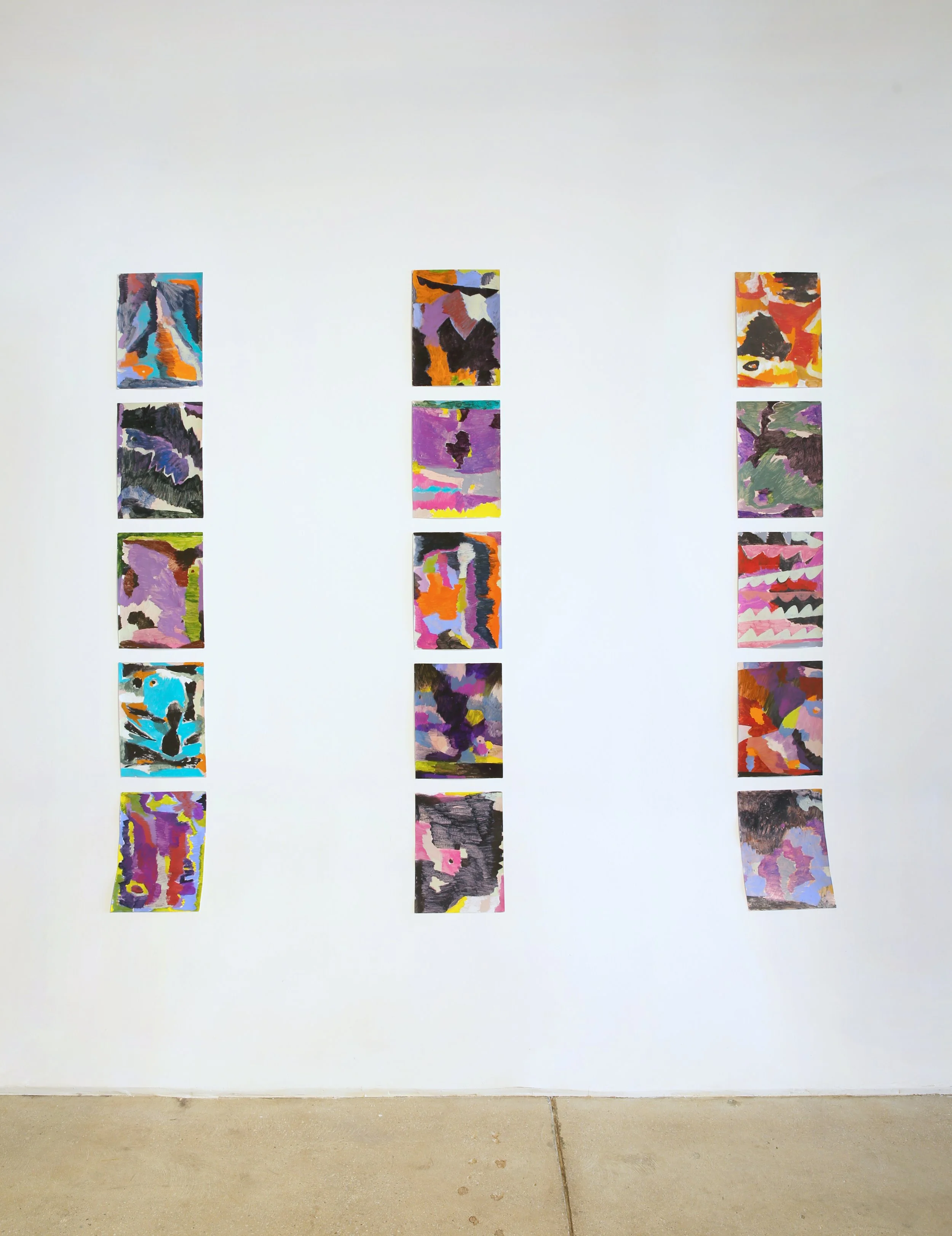 Frantz Jean-Baptiste. Poems (2025-2026). Acrylic and automotive paint on paper. 12 x 9 inches. [Partial view of grid installation.]