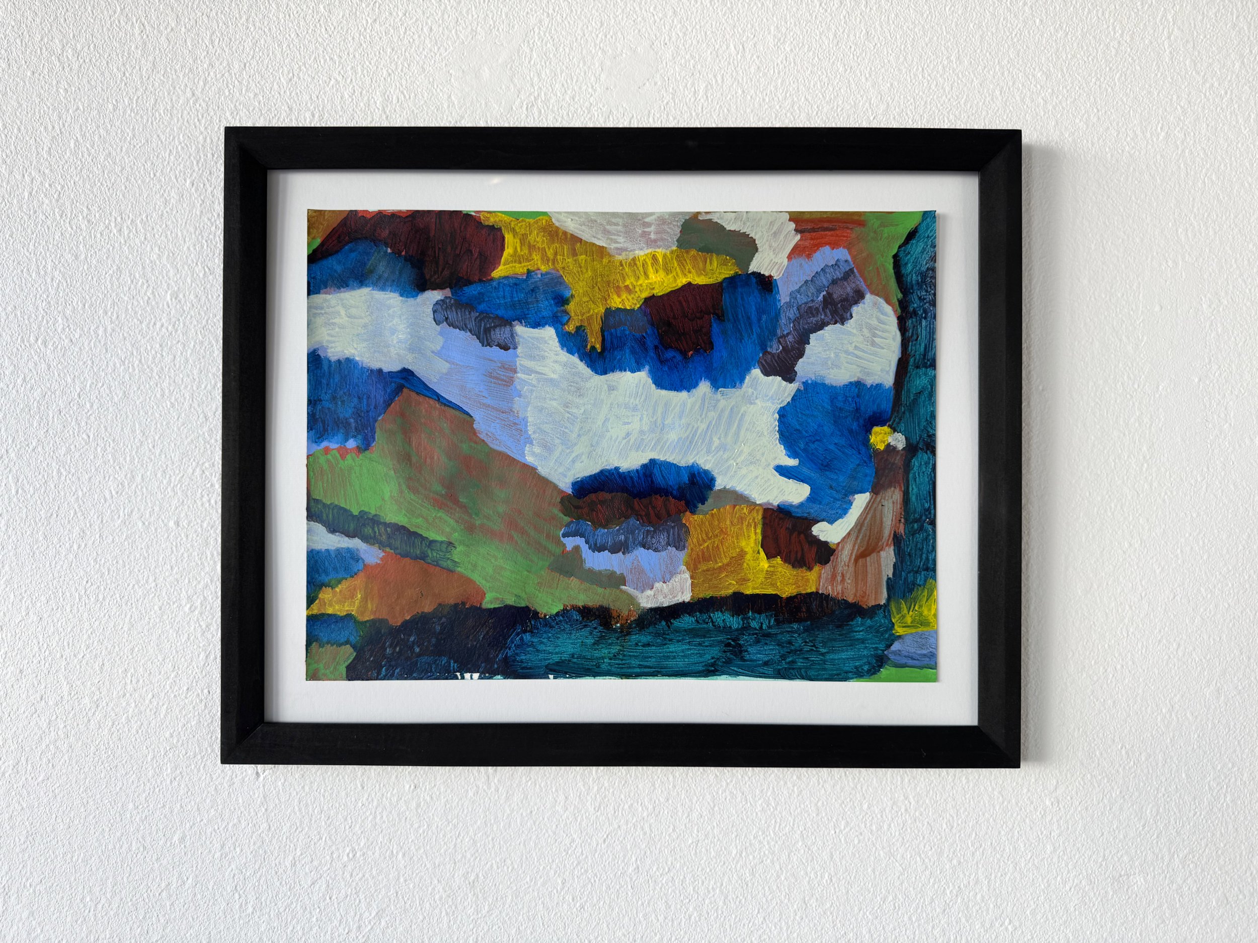 Frantz Jean-Baptiste. You can’t say I wasn’t blowing leaves / I see you in the sea trying to capture breeze . 2026. Acrylic and automotive paint on paper. 18 x 24 inches (without frame). [Installed with custom oak frame stained with sumi ink and face